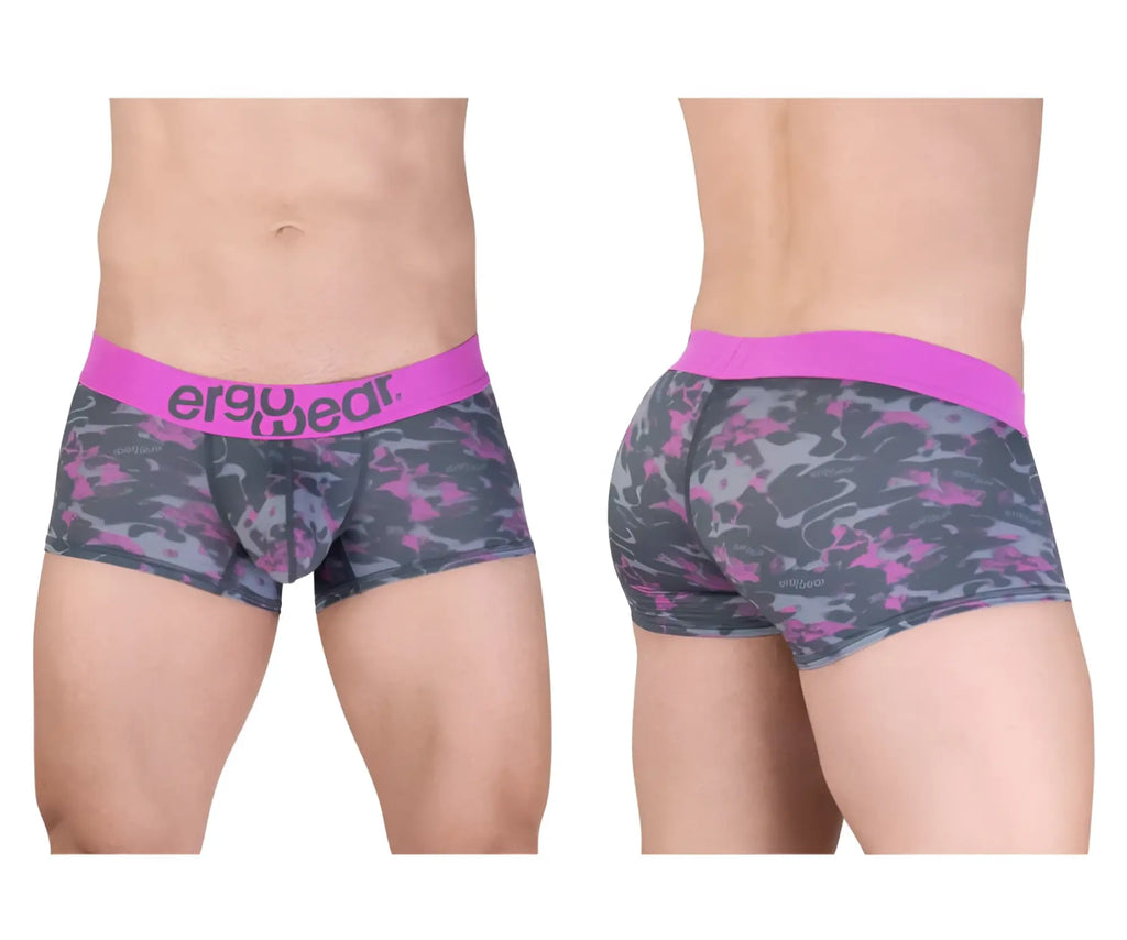 Ergowear ew1716 max se camo trunks pink with pink gray camouflage pattern and bright pink ergowear waistband men’s briefs
