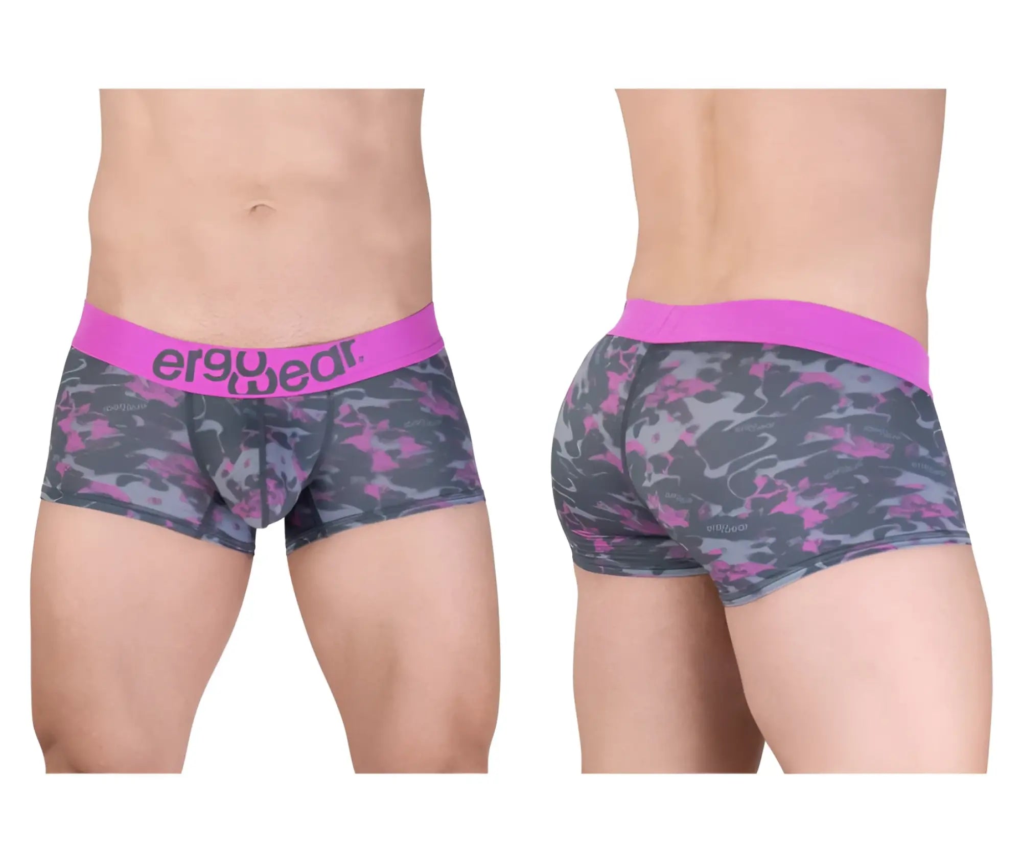 Ergowear ew1716 max se camo trunks pink with pink gray camouflage pattern and bright pink ergowear waistband men’s briefs