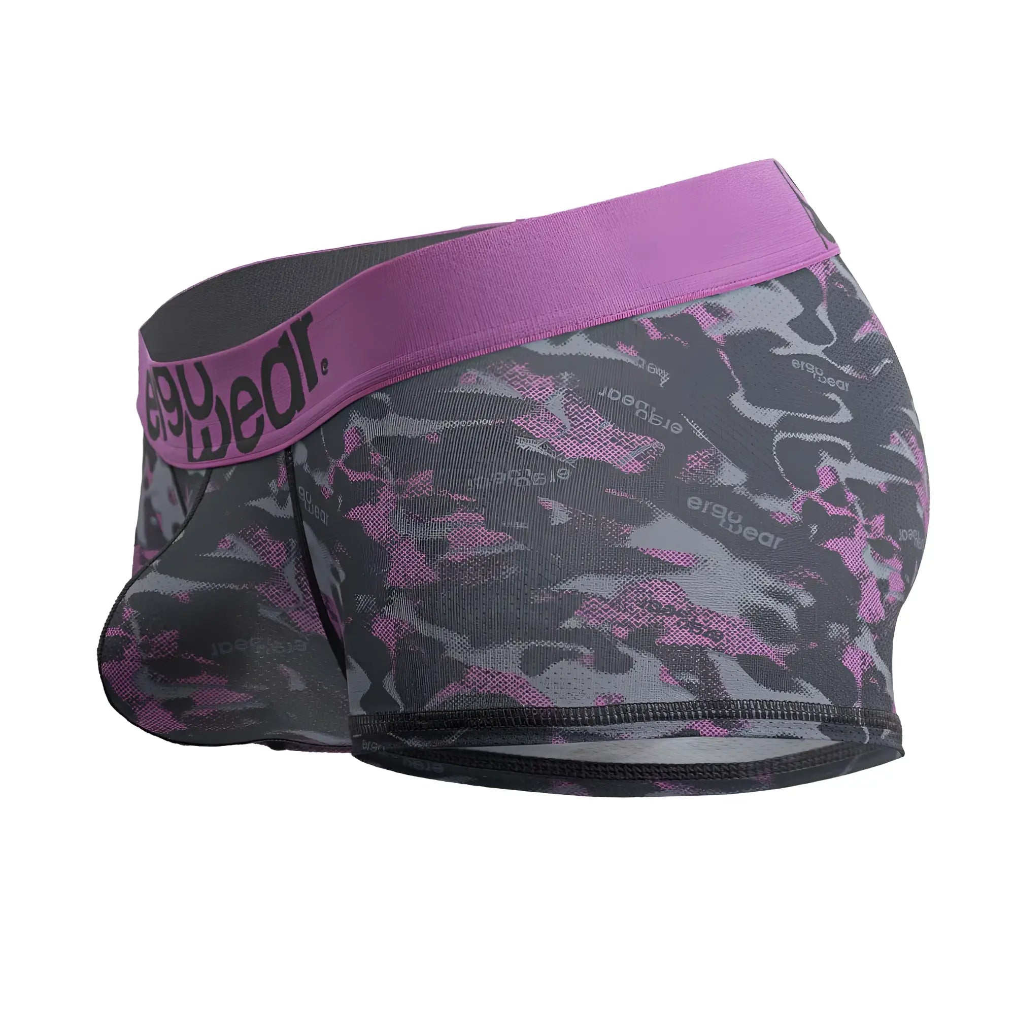 Purple and gray camouflage ergy wear men’s boxer briefs with solid purple waistband in ergo wear ew1716 max se camo trunks pink