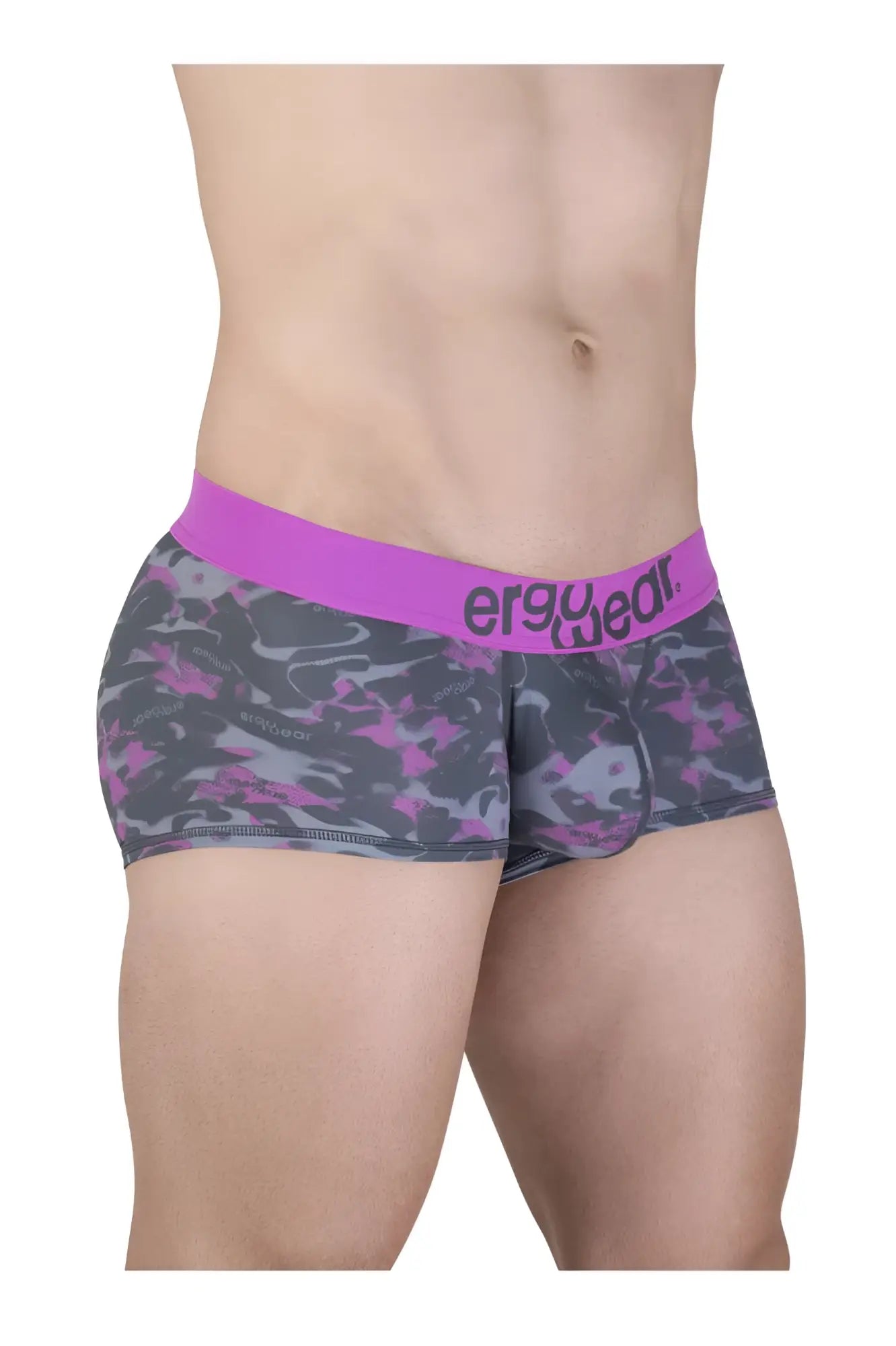 Purple and gray camouflage men’s briefs with solid purple waistband branded ergo wed in ergo wear ew1716 max se camo trunks pink