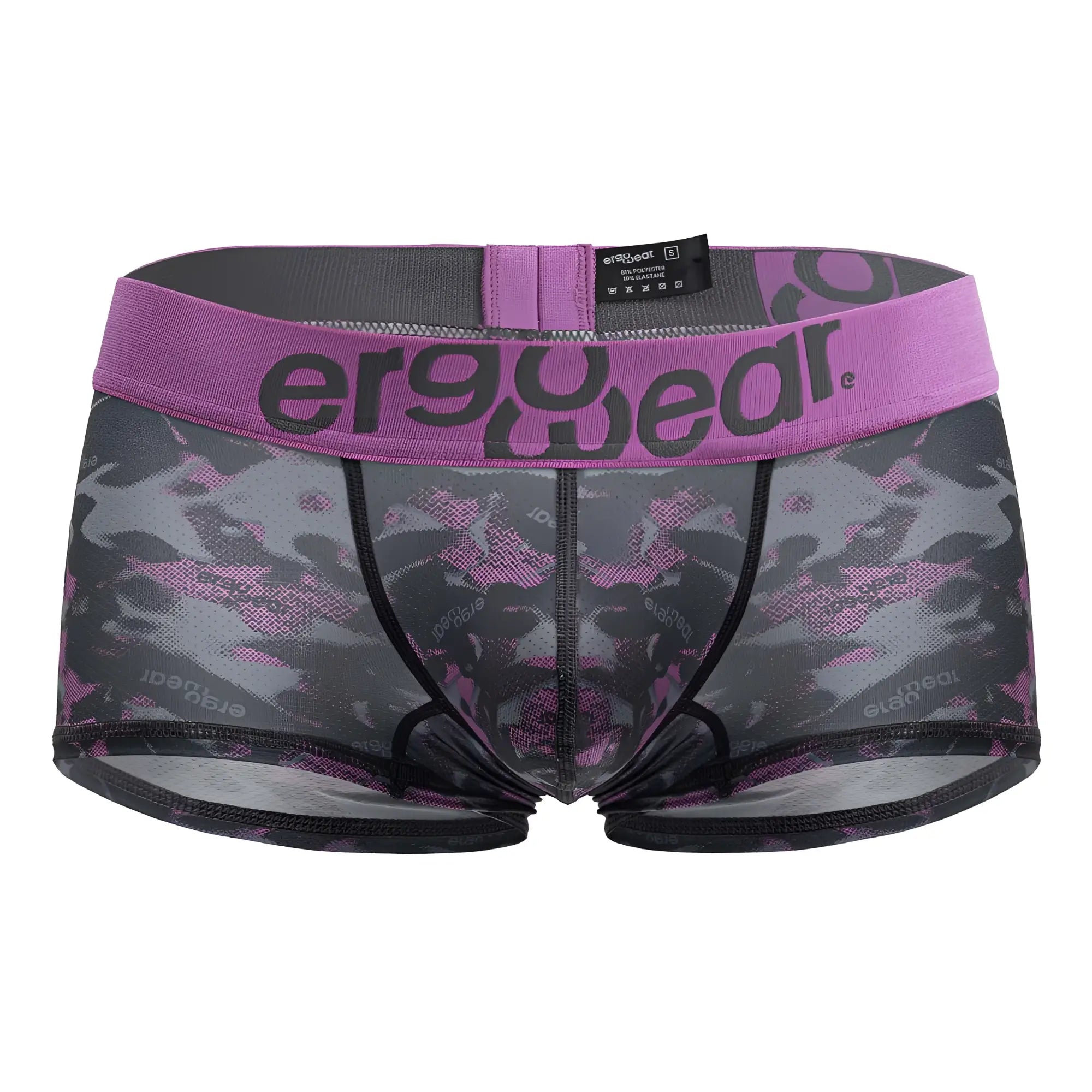 Men’s purple and gray camouflage trunks with ergogear waistband branded ergonomic support in pink style ew1716 max se camo