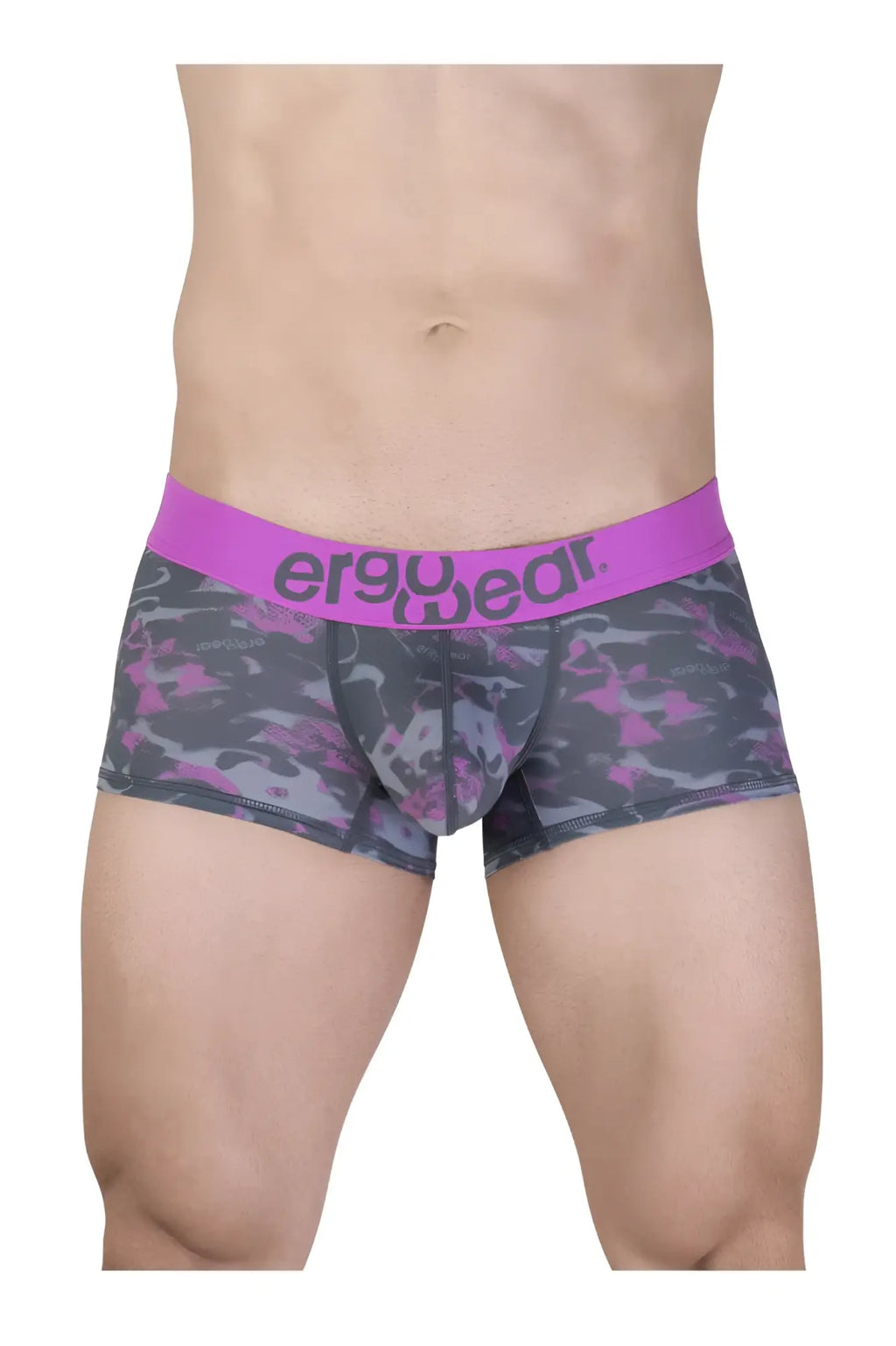 Purple and gray camouflage patterned men’s briefs with bright pink waistband and ergowear branding model ew1716 max se camo trunks