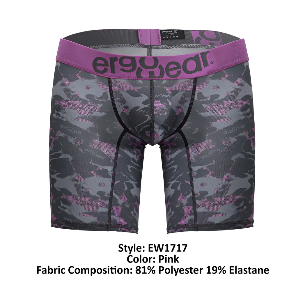Pink camouflage patterned ergoWear Ew1717 max se camo boxer briefs with a purple waistband for comfortable wear