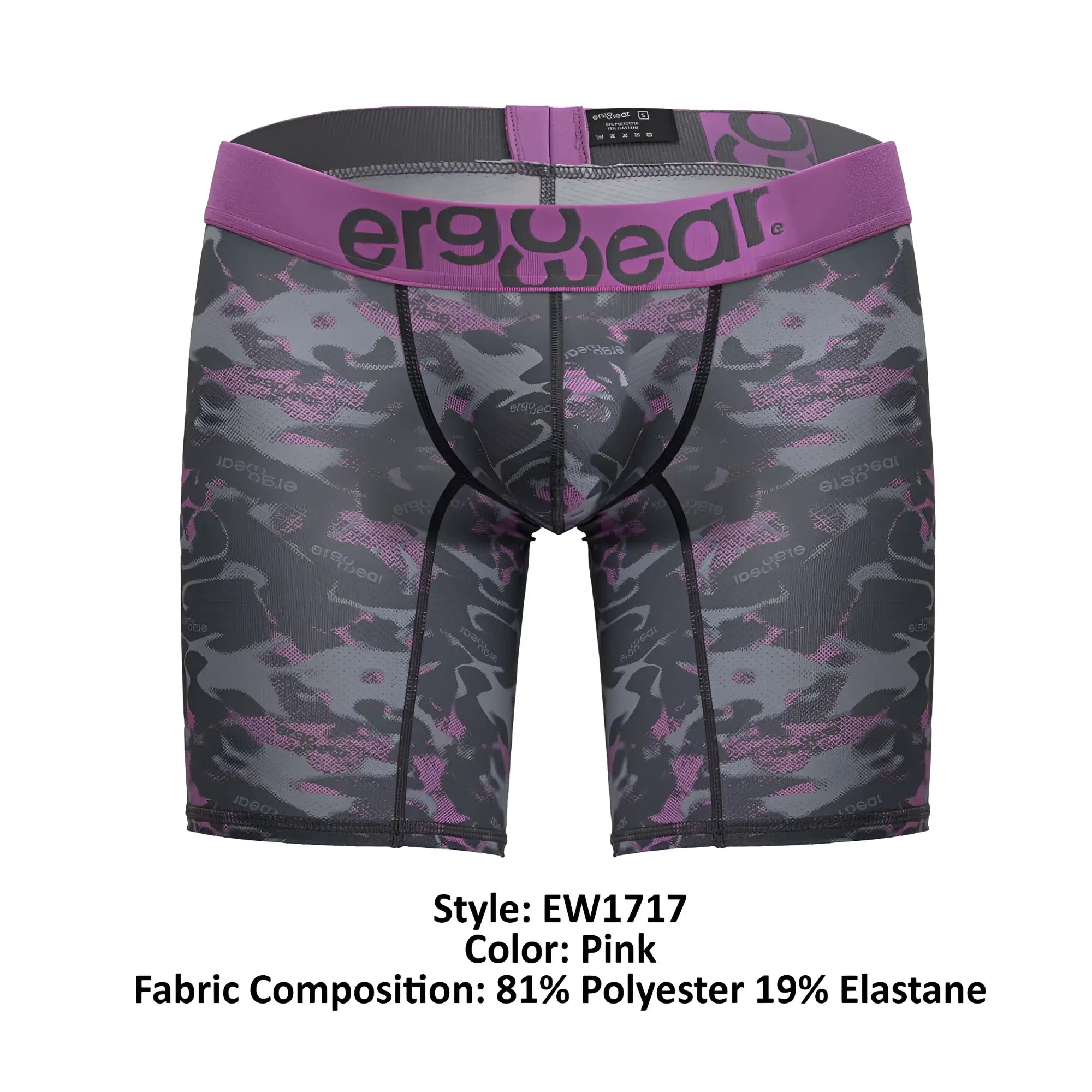 Pink camouflage patterned ergoWear Ew1717 max se camo boxer briefs with a purple waistband for comfortable wear