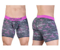 Pink and gray camouflage patterned men’s boxer briefs with bright pink ergo wear waistband ew1717 max se camo