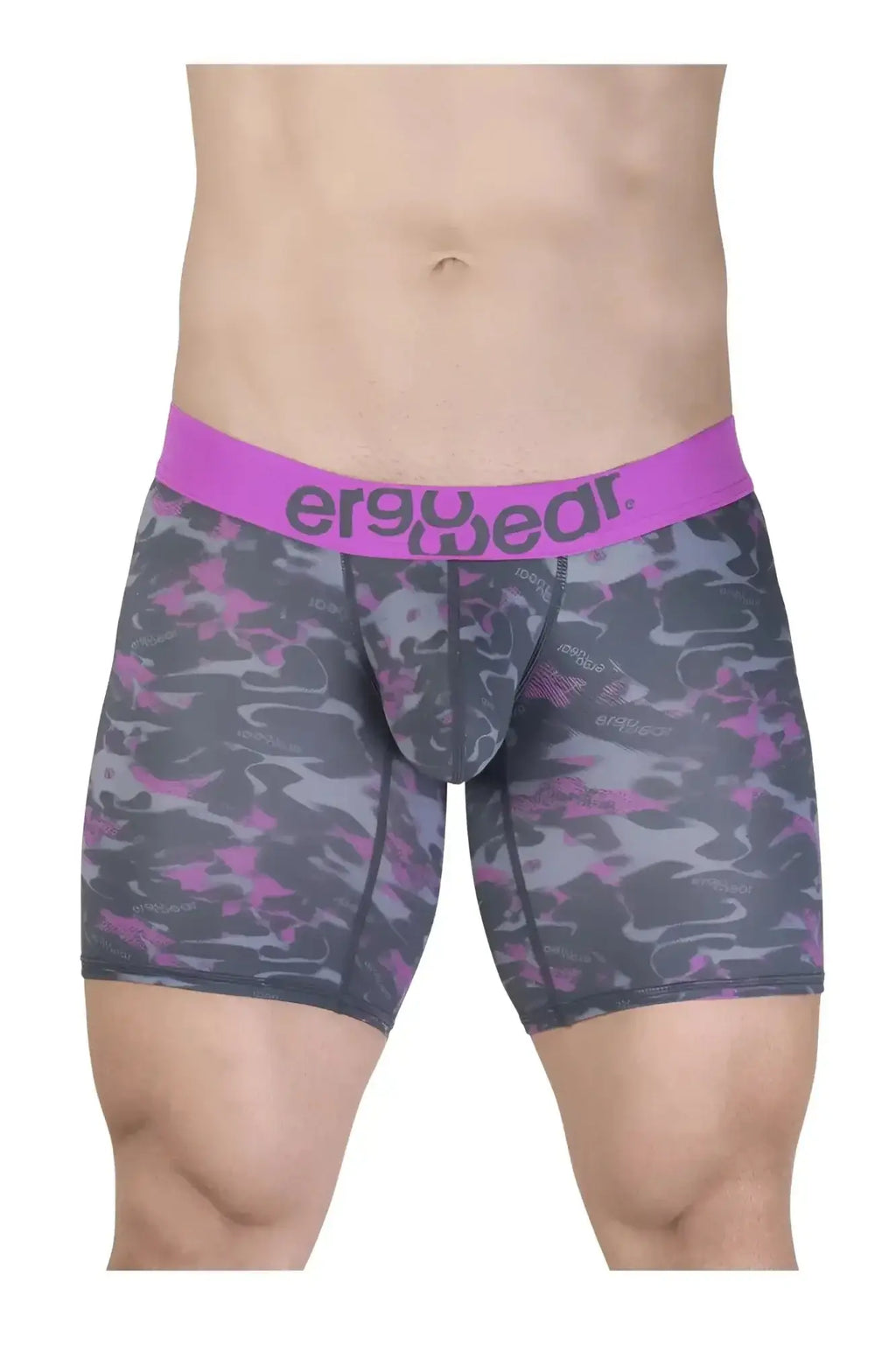 Purple and gray camo patterned men’s boxer briefs with bright pink ergowear waistband ew1717 max se camo model