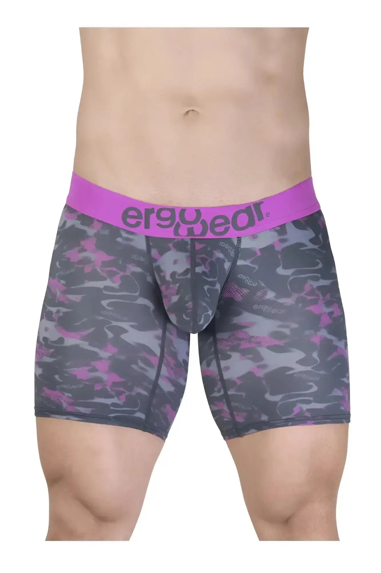 Purple and gray camo patterned men’s boxer briefs with bright pink ergowear waistband ew1717 max se camo model