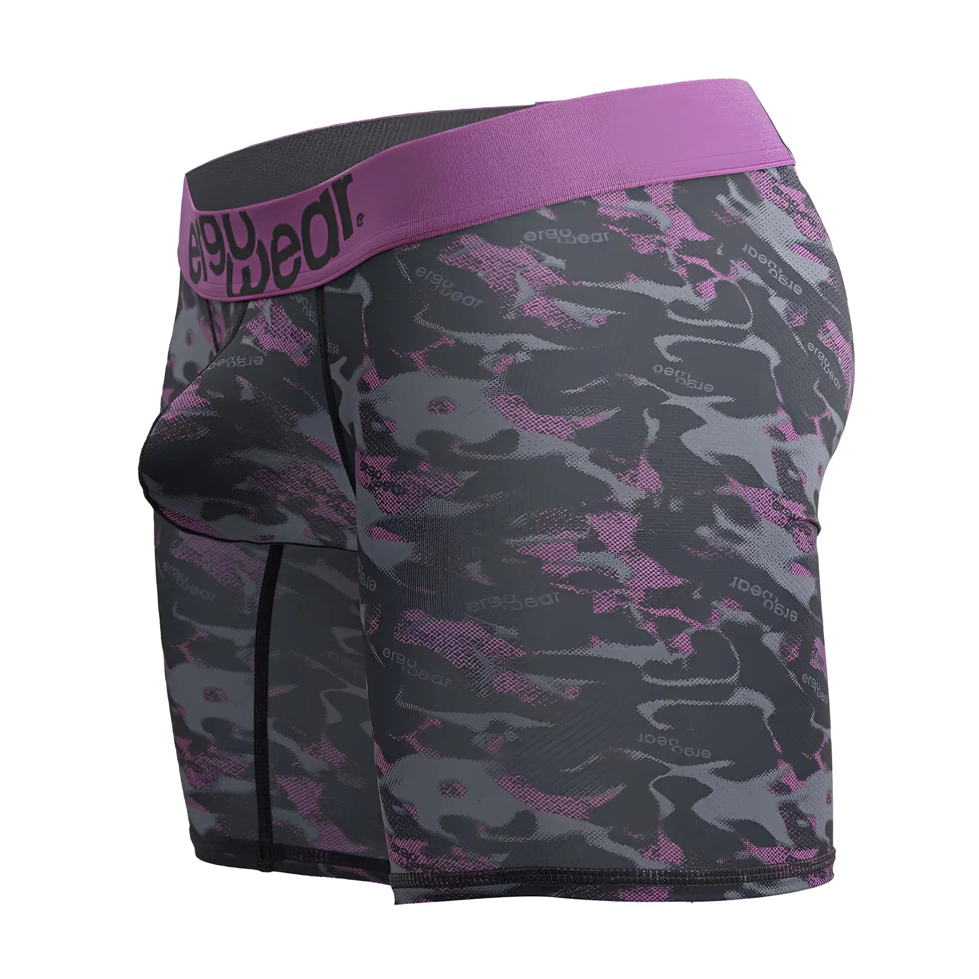 Purple and gray camouflage patterned men’s boxer briefs with branded elastic waistband from ergowear ew1717 max se camo pink