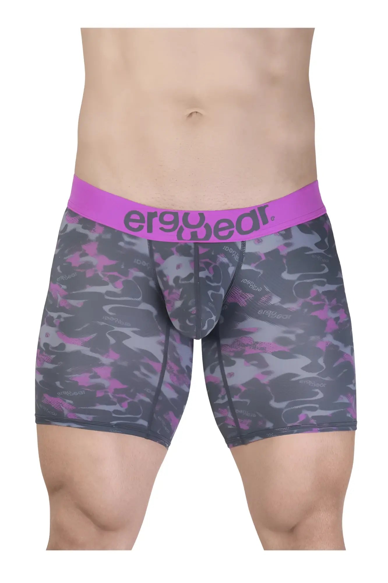 Purple and gray camo patterned men’s boxer briefs with bright pink ergowear waistband ew1717 max se camo model