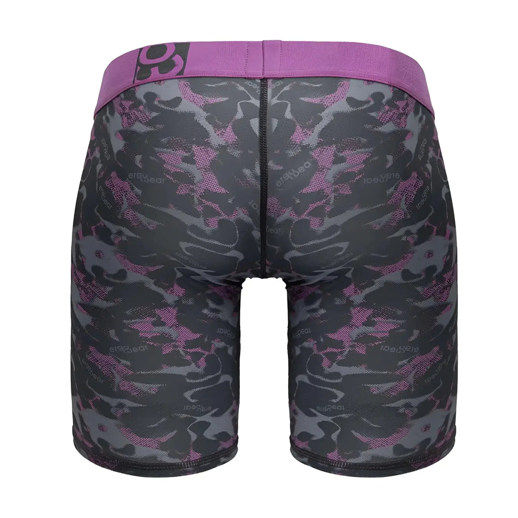 ErgoWear EW1717 MAX SE camo boxer briefs in purple and gray camouflage with matching elastic waistband in pink color