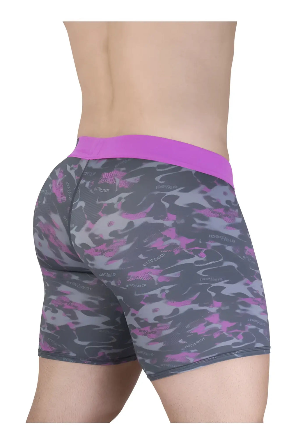 Ergo wear ew1717 max se camo boxer briefs in purple gray camouflage pattern with solid purple waistband