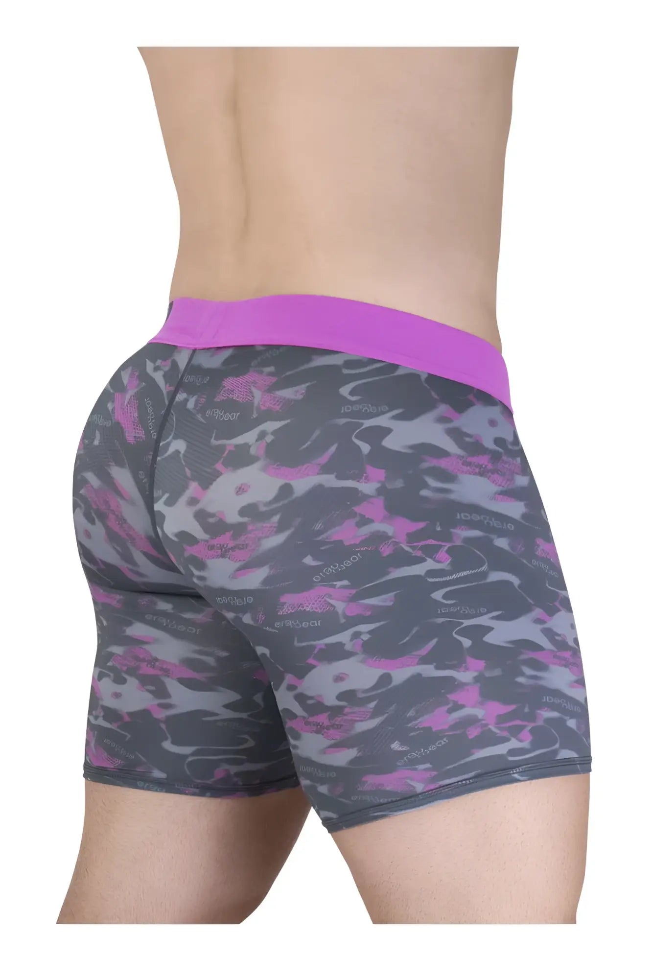 Ergo wear ew1717 max se camo boxer briefs in purple gray camouflage pattern with solid purple waistband