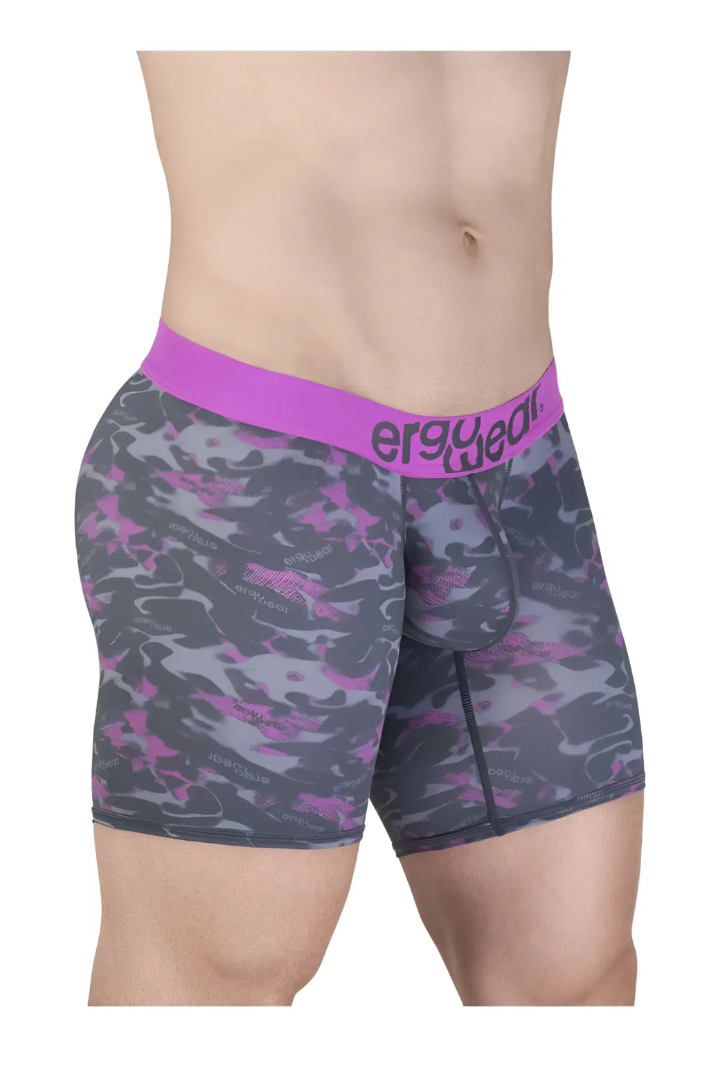 Ergo wear ew1717 max se camo boxer briefs in purple and gray camouflage with a bright pink waistband and ergo wear branding