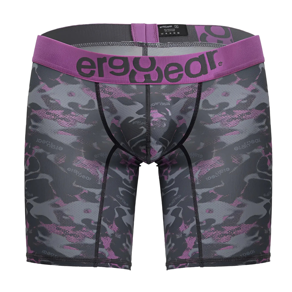 Purple and gray camouflage patterned men’s boxer briefs with ergowear logo on waistband color pink model ew1717 max se camo