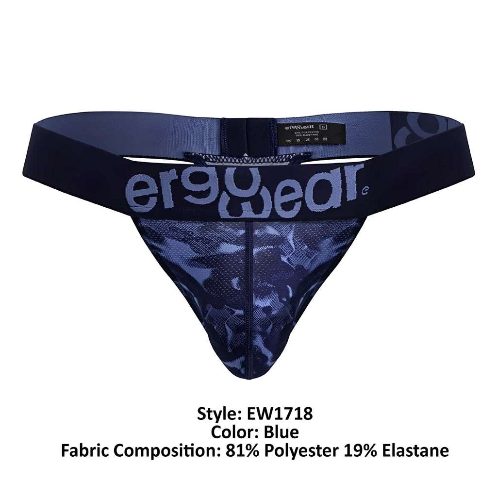 Blue ergowear ew1718 max se camo g-string with dark blue camouflage mesh and elastic waistband shown from the back side