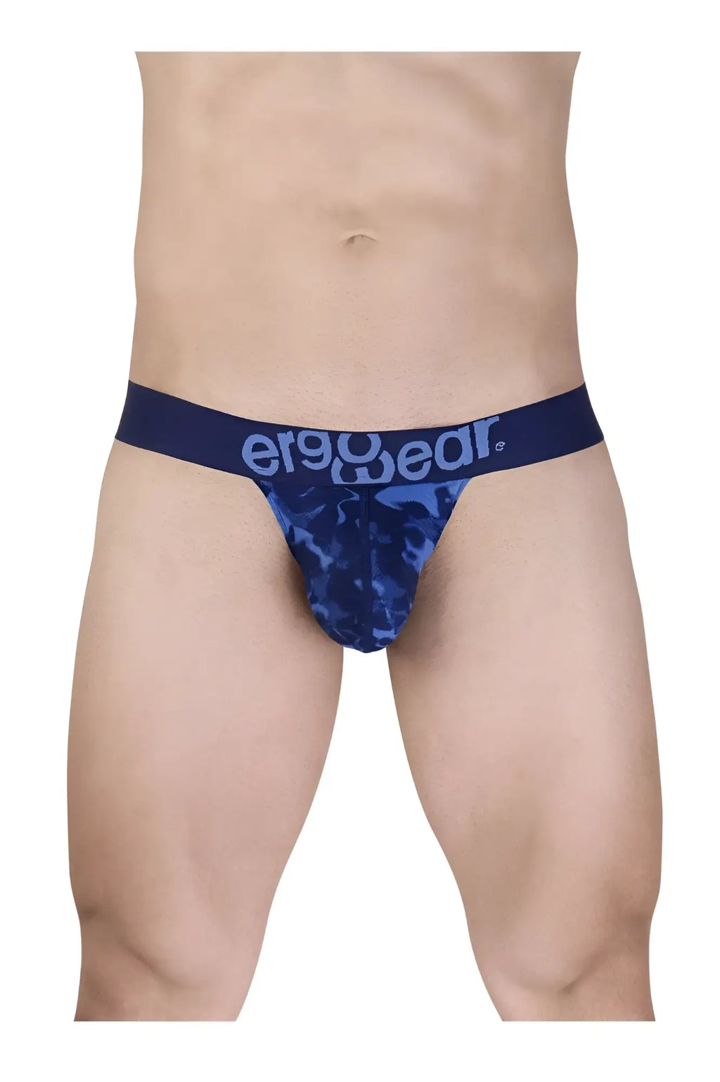 Navy blue camouflage pattern men’s briefs with matching ergo wear elastic waistband for comfortable support