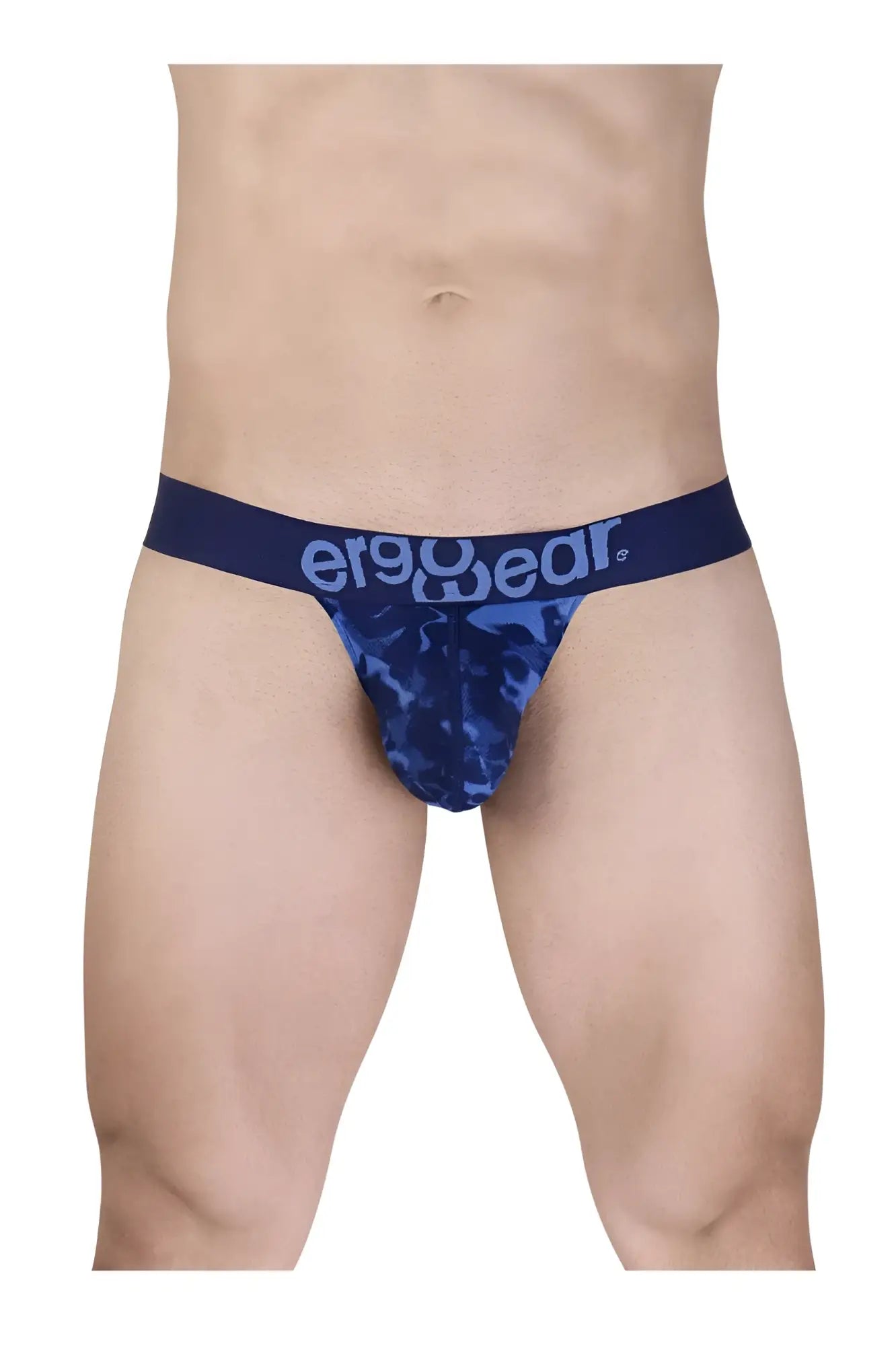 Navy blue camouflage pattern men’s briefs with matching ergo wear elastic waistband for comfortable support