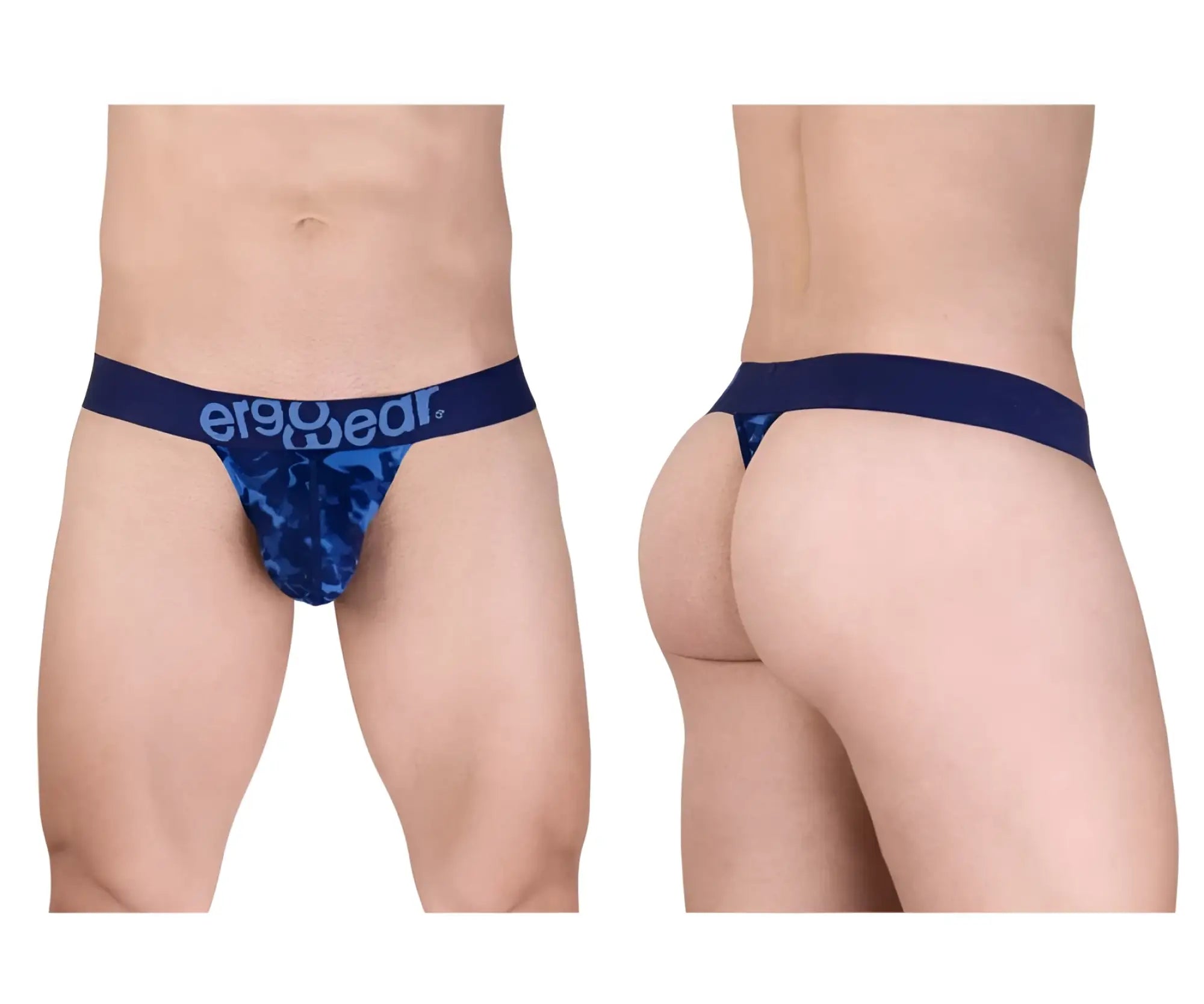 Navy blue camouflage thong with ergo wear branded waistband showing the back side of the ergo wear ew1718 max se g string
