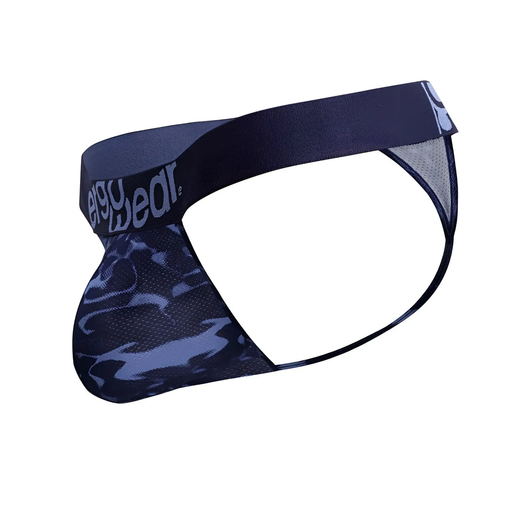 Men’s navy blue and light blue camo briefs with stretchy elastic waistband featuring eggy wear brand logo