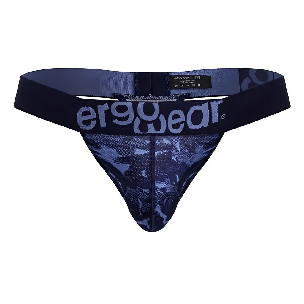 Navy blue mesh thong with subtle camouflage pattern and ergowear logo on waistband in ergowear ew1718 max se camo g-string