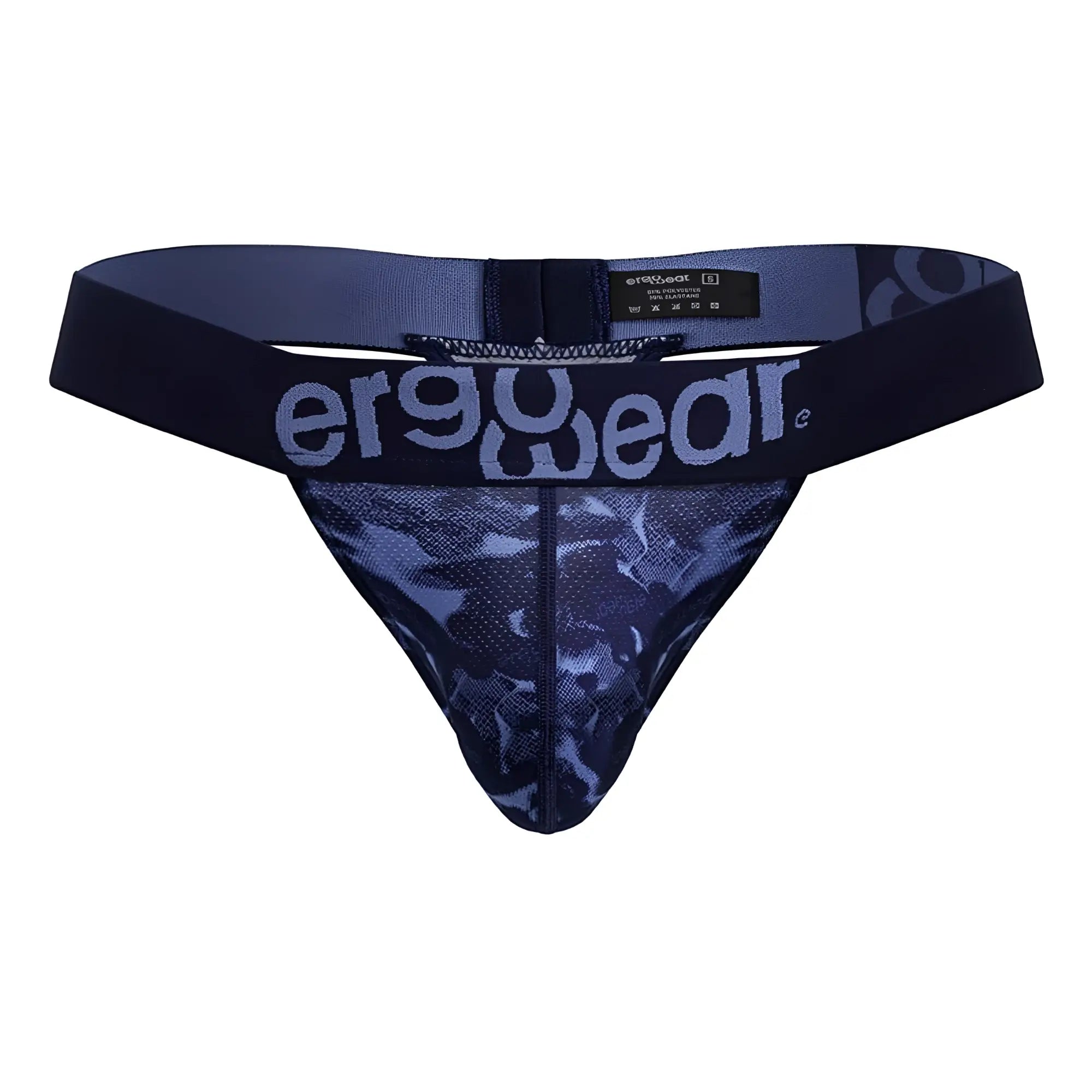 Navy blue mesh thong with subtle camouflage pattern and ergowear logo on waistband in ergowear ew1718 max se camo g-string