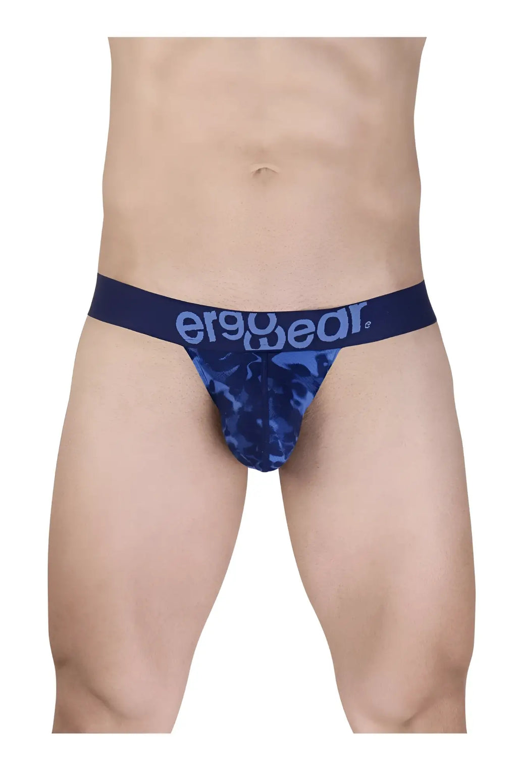 Blue camouflage patterned men’s briefs with navy ergo wear waistband model ew1719 max se camo bikini color blue