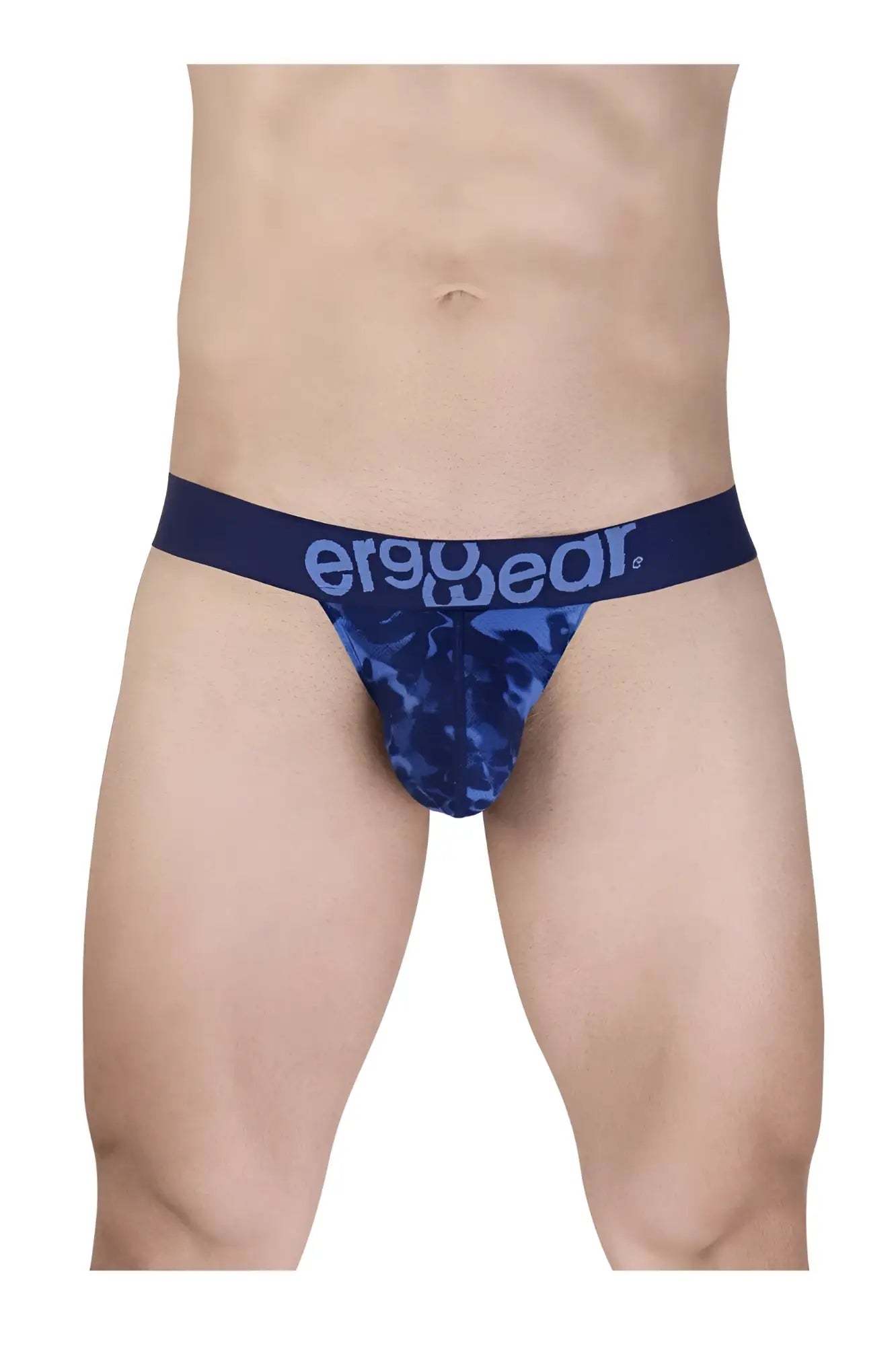 Blue camouflage patterned men’s briefs with navy ergo wear waistband model ew1719 max se camo bikini color blue