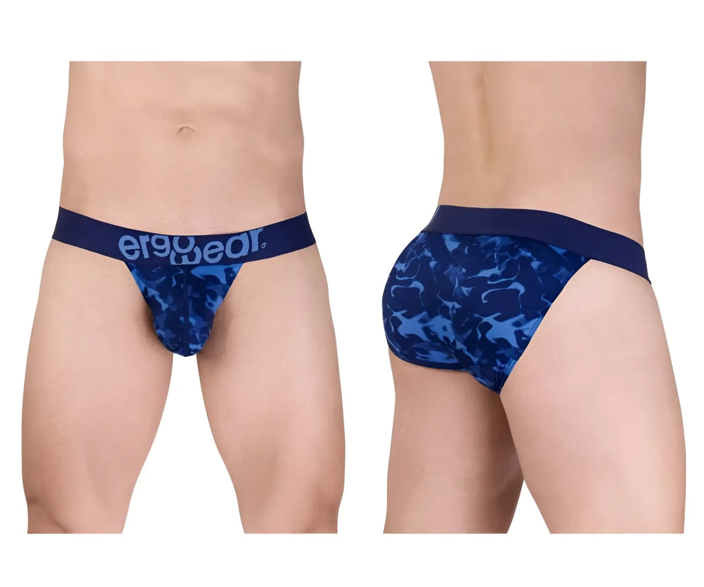 Blue camouflage patterned men’s briefs with navy ergowear waistband in ergoWear ew1719 max se camo bikini style