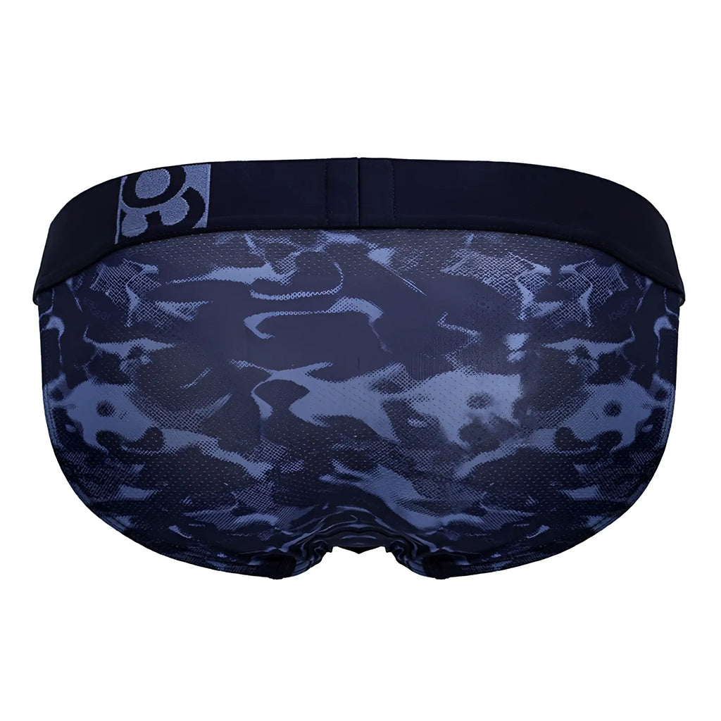 Dark blue camouflage patterned men’s briefs with black elastic waistband and logo patch ergoWear ew1719 max se camo bikini
