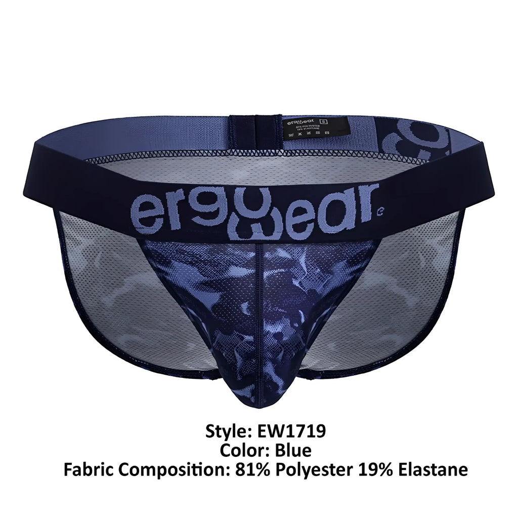 Blue ergoWear ew1719 max se camo bikini briefs with ergonomic mesh fabric black trim and camouflage pattern