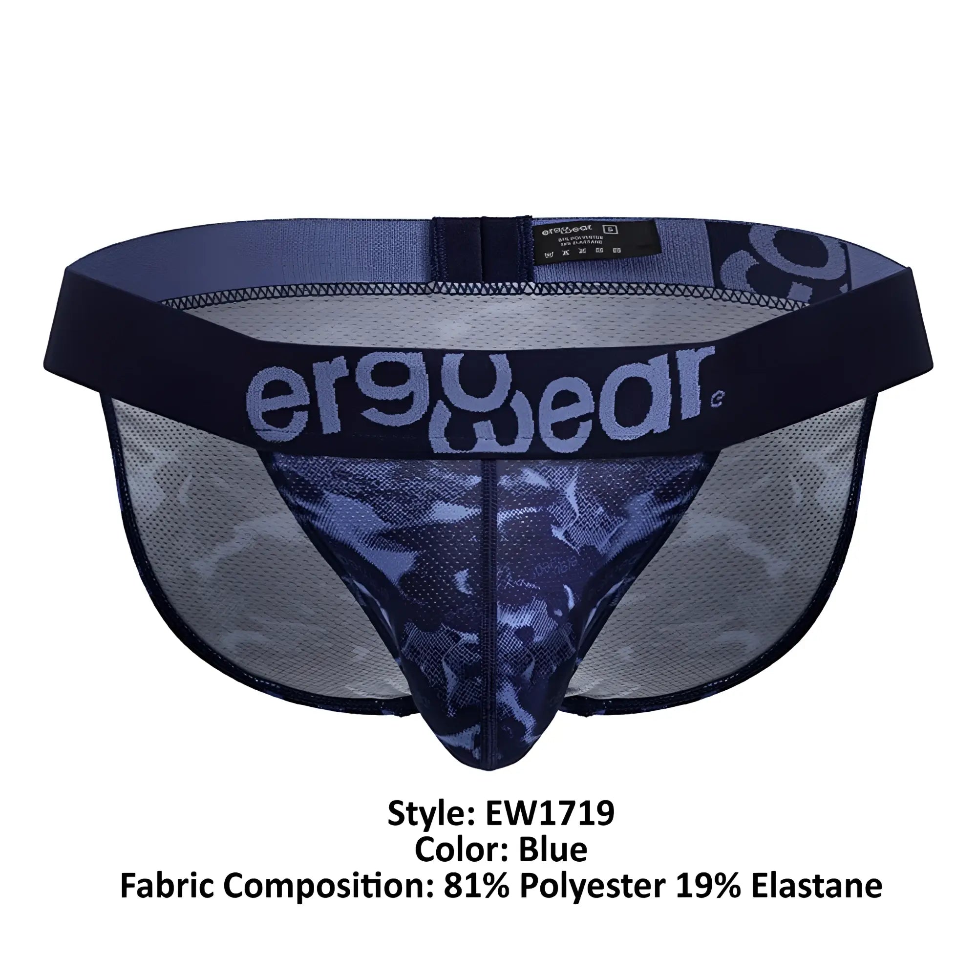Blue ergoWear ew1719 max se camo bikini briefs with ergonomic mesh fabric black trim and camouflage pattern
