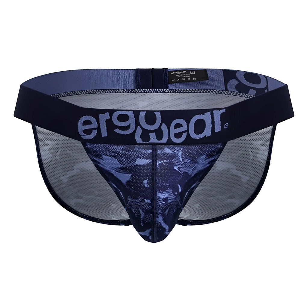 Navy blue and gray camouflage ergonomic briefs with mesh design and branded waistband from ergowear ew1719 max se camo bikini