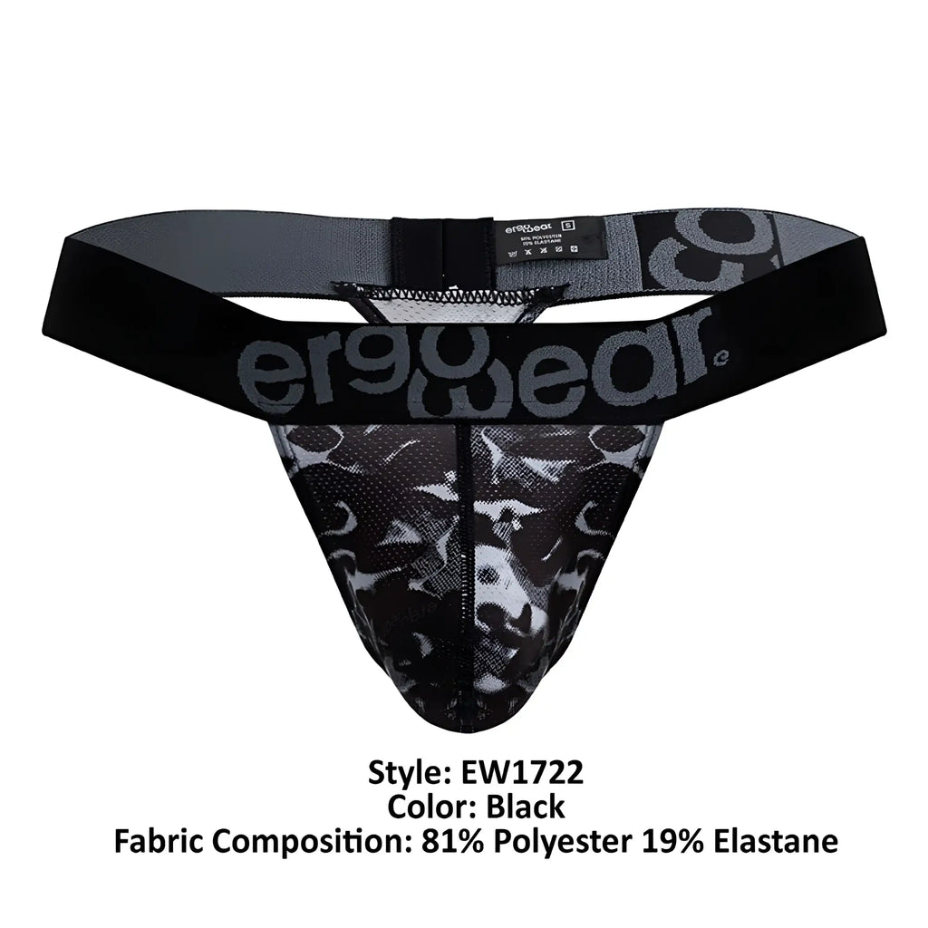 Black ergonomic g-string brief with black and gray camouflage pattern and ergowear logo on the waistband