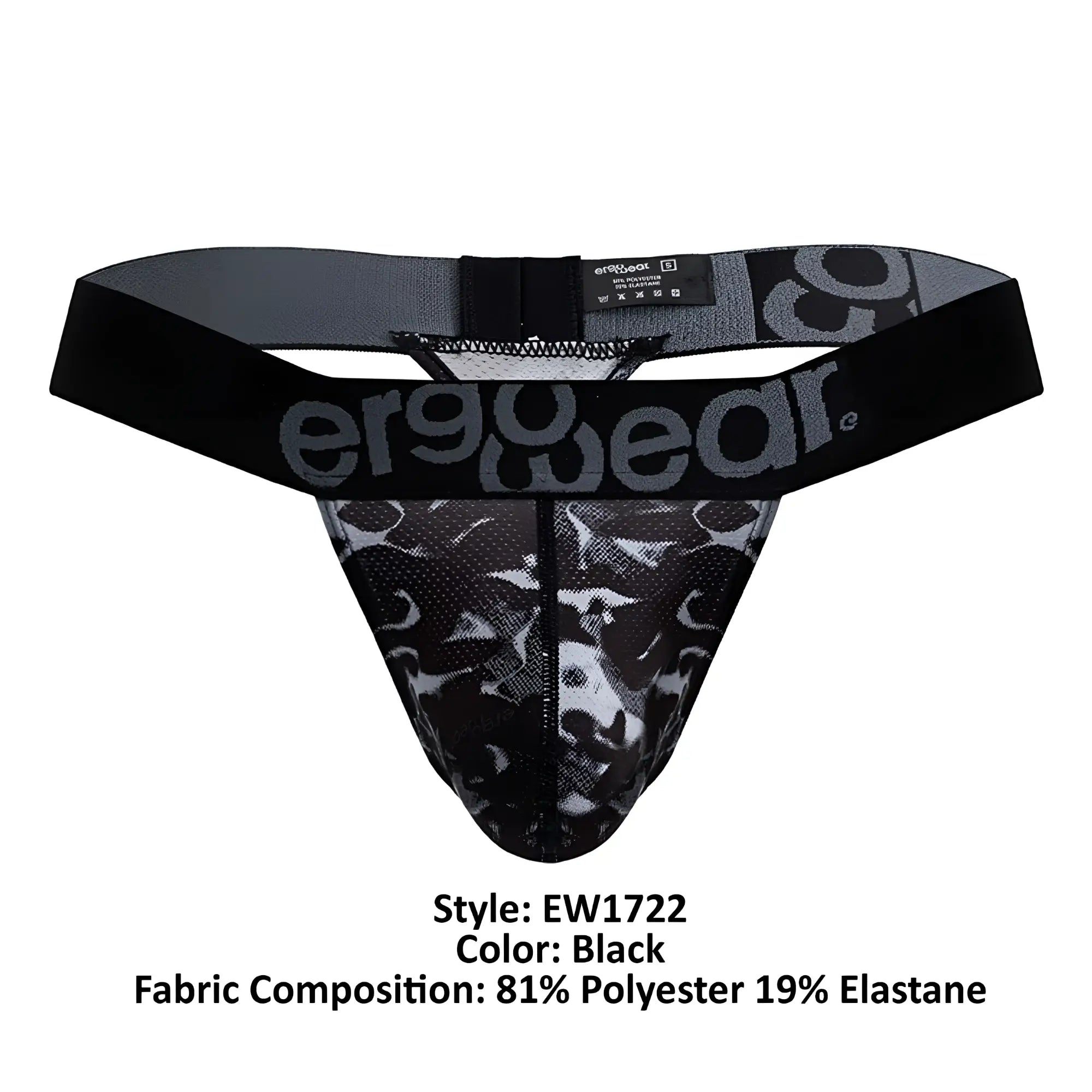 Black ergonomic g-string brief with black and gray camouflage pattern and ergowear logo on the waistband