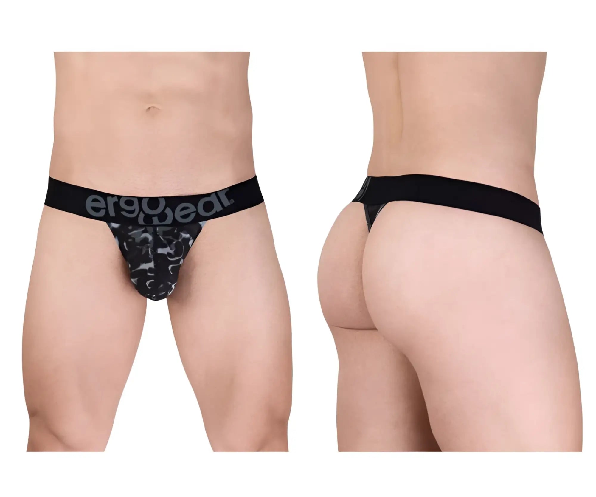 Black ergonomic briefs with subtle gray camouflage pattern and ergogear logo on waistband model ew1722 max se camo g-string