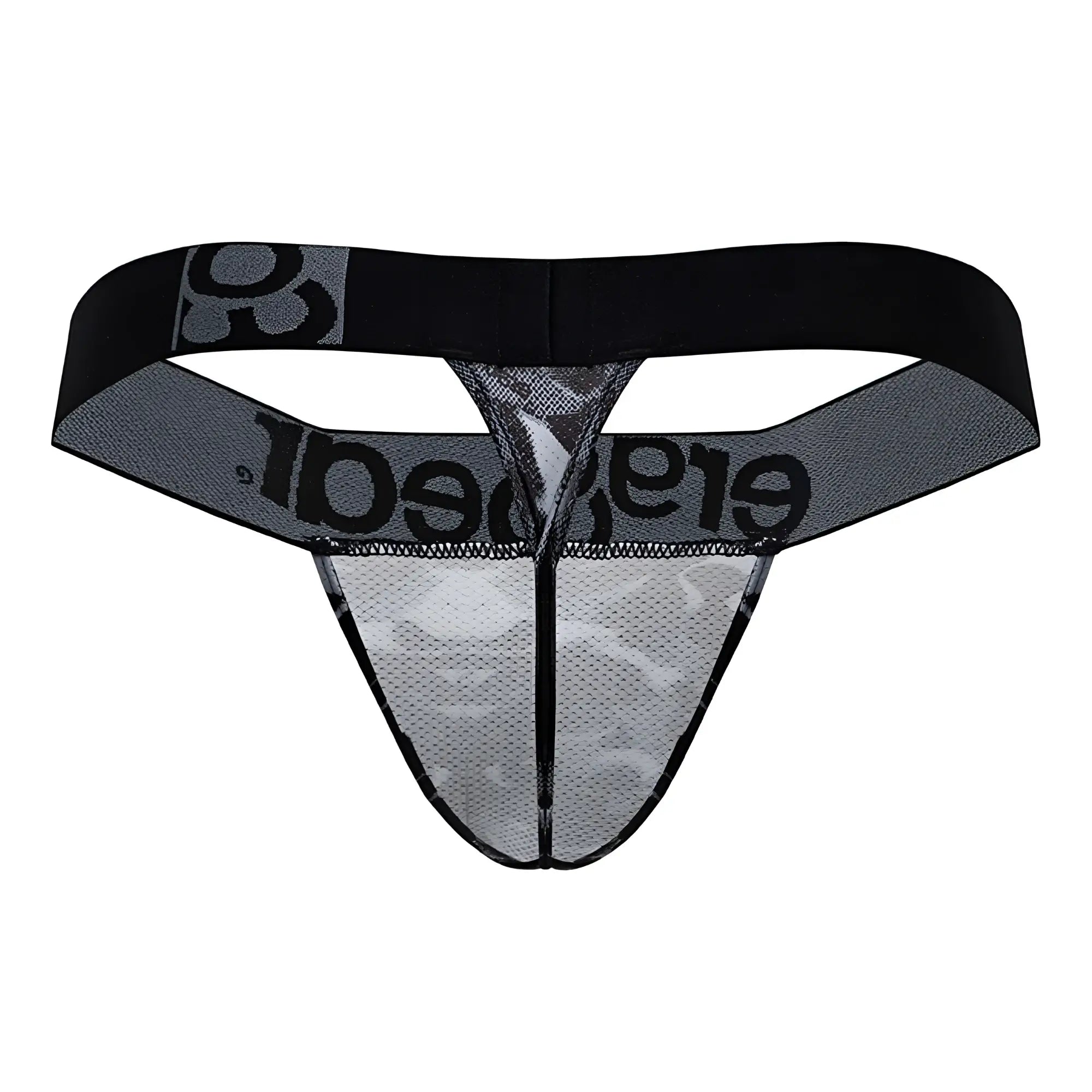 Black and gray mesh ErgoWear EW1722 MAX SE CAMO G-string with bold erad logo on the waistband front view