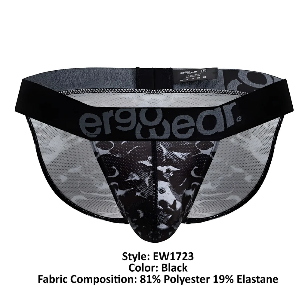 Black ergonomic briefs with camouflage mesh fabric and ergowear logo on waistband back view ew1723 max se camo bikini