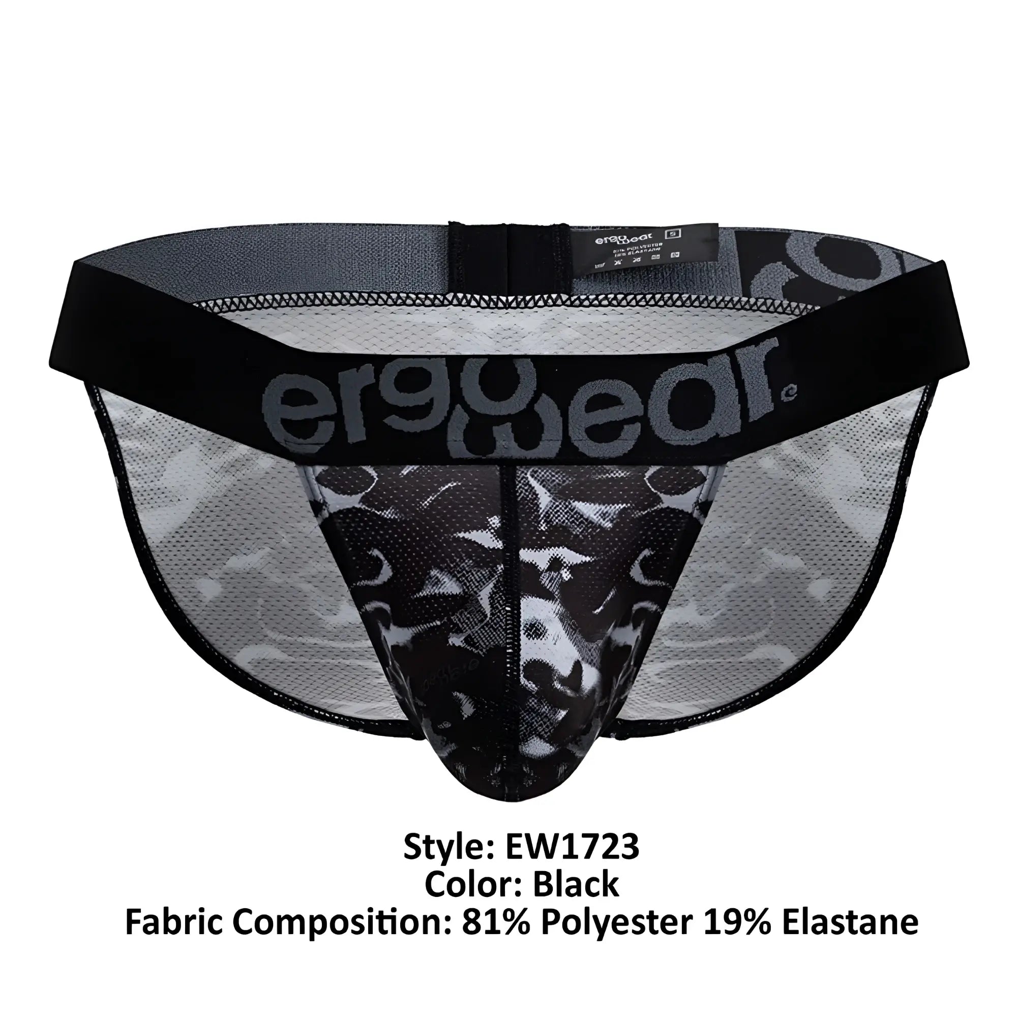 Black ergonomic briefs with camouflage mesh fabric and ergowear logo on waistband back view ew1723 max se camo bikini