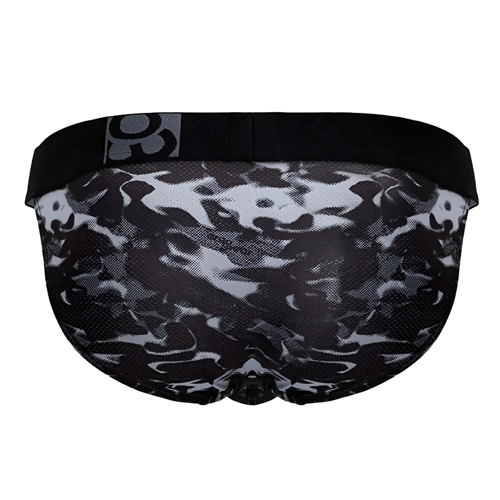 Black and gray camouflage ergowear ew1723 max se camo bikini briefs with mesh fabric and solid black waistband
