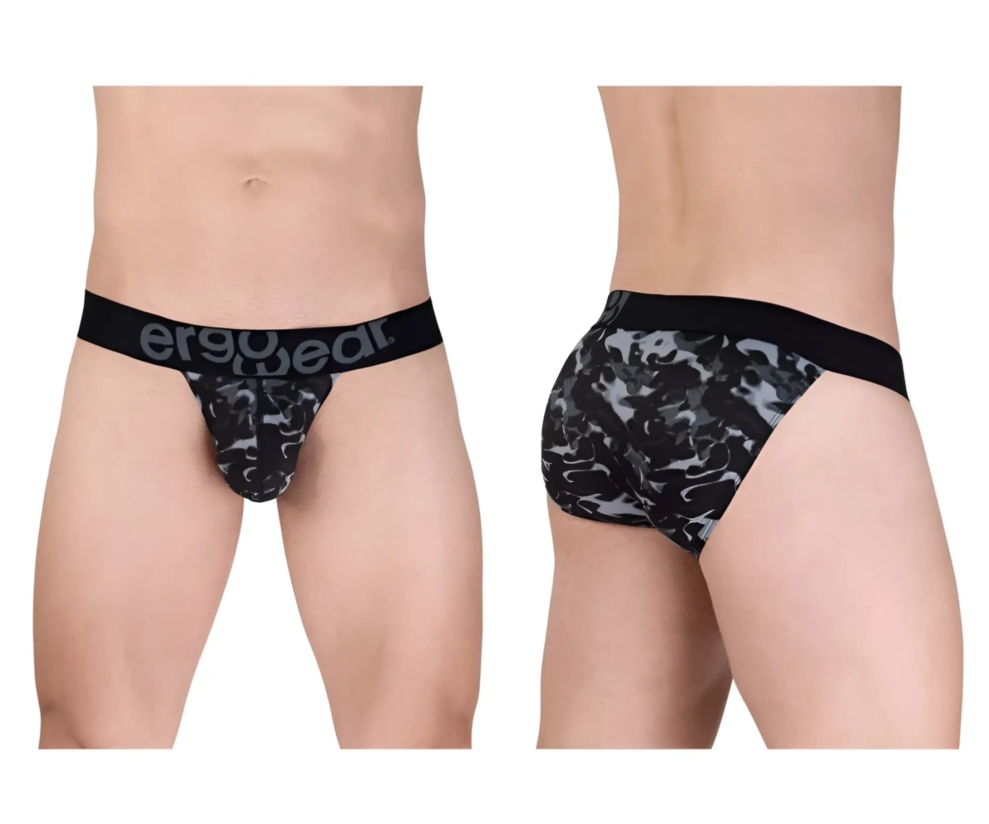 Men’s black and gray camouflage briefs with black ergowear elastic waistband ergo wear ew1723 max se camo bikini