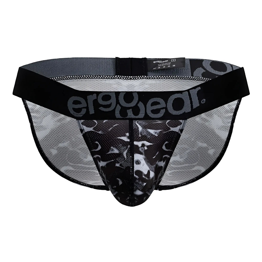 ErgoWear EW1723 max se camo bikini in black features black and gray camouflage mesh briefs with a branded waistband