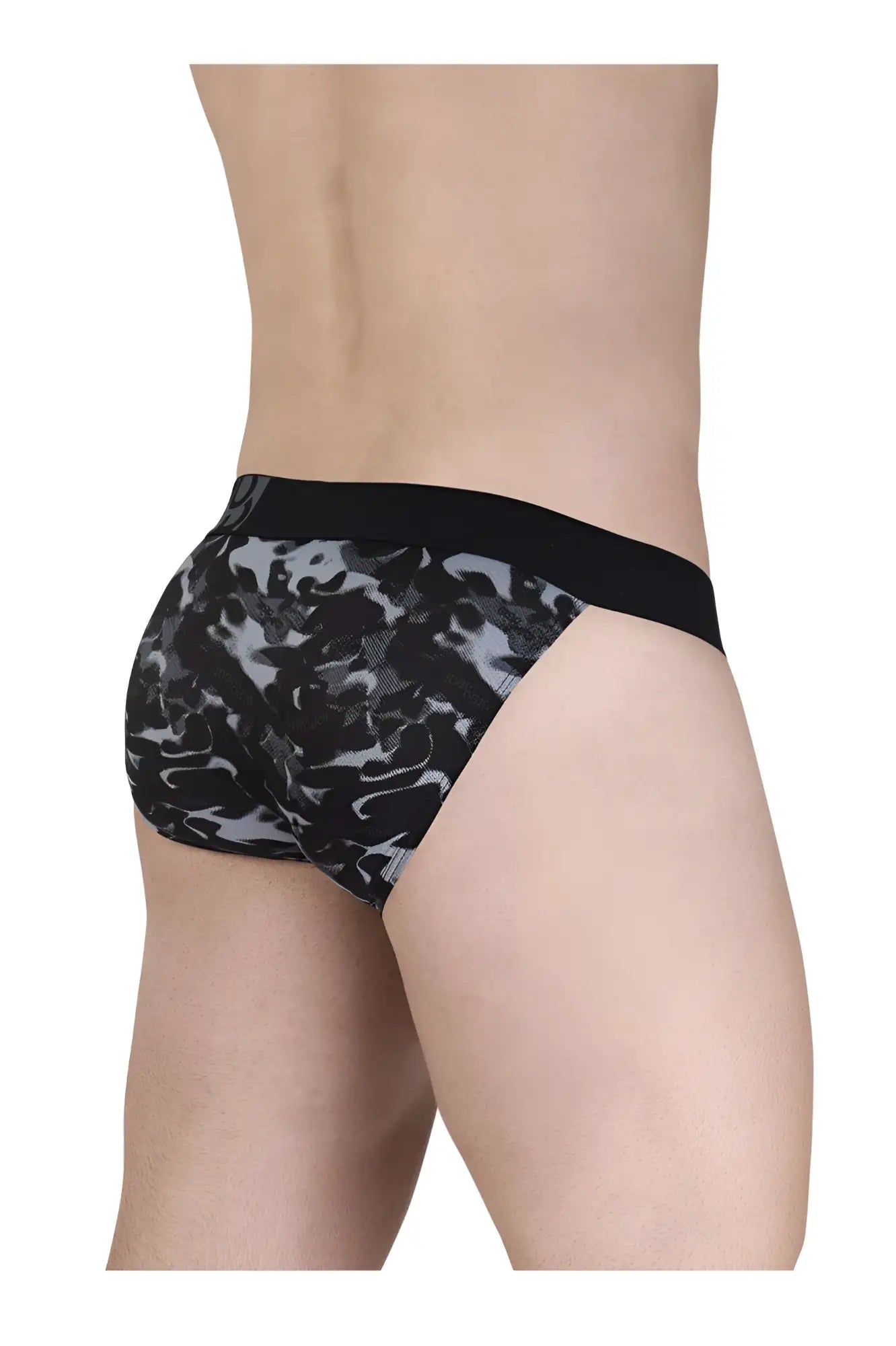 Ergowear ew1723 max se camo bikini briefs in black with gray camouflage pattern and solid black waistband