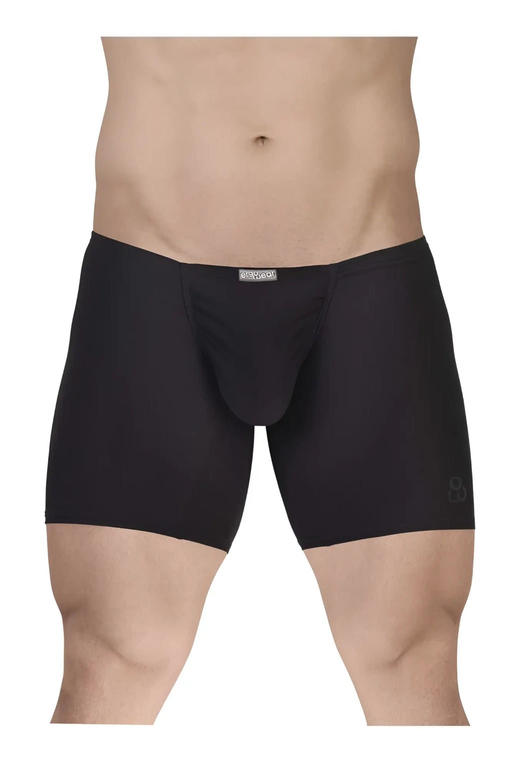 Black mens boxer briefs with contoured pouch and subtle logo on waistband in black cotton by ergowear ew1729 feel gr8
