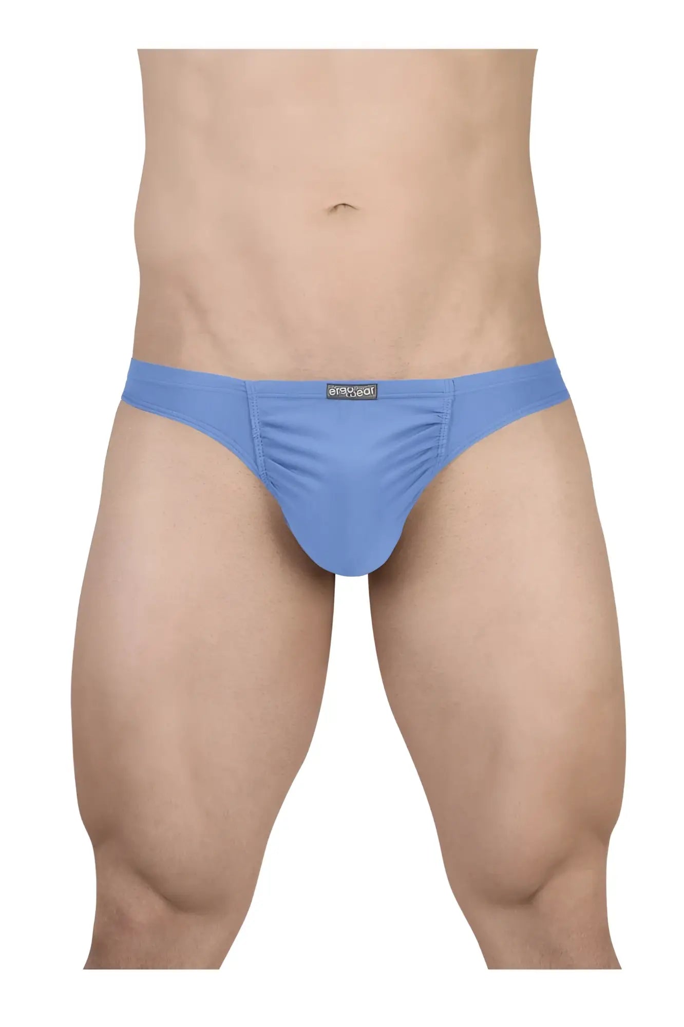 Light blue ergowear ew1730 feel gr8 cotton thongs with ruched front and black brand tag on waistband
