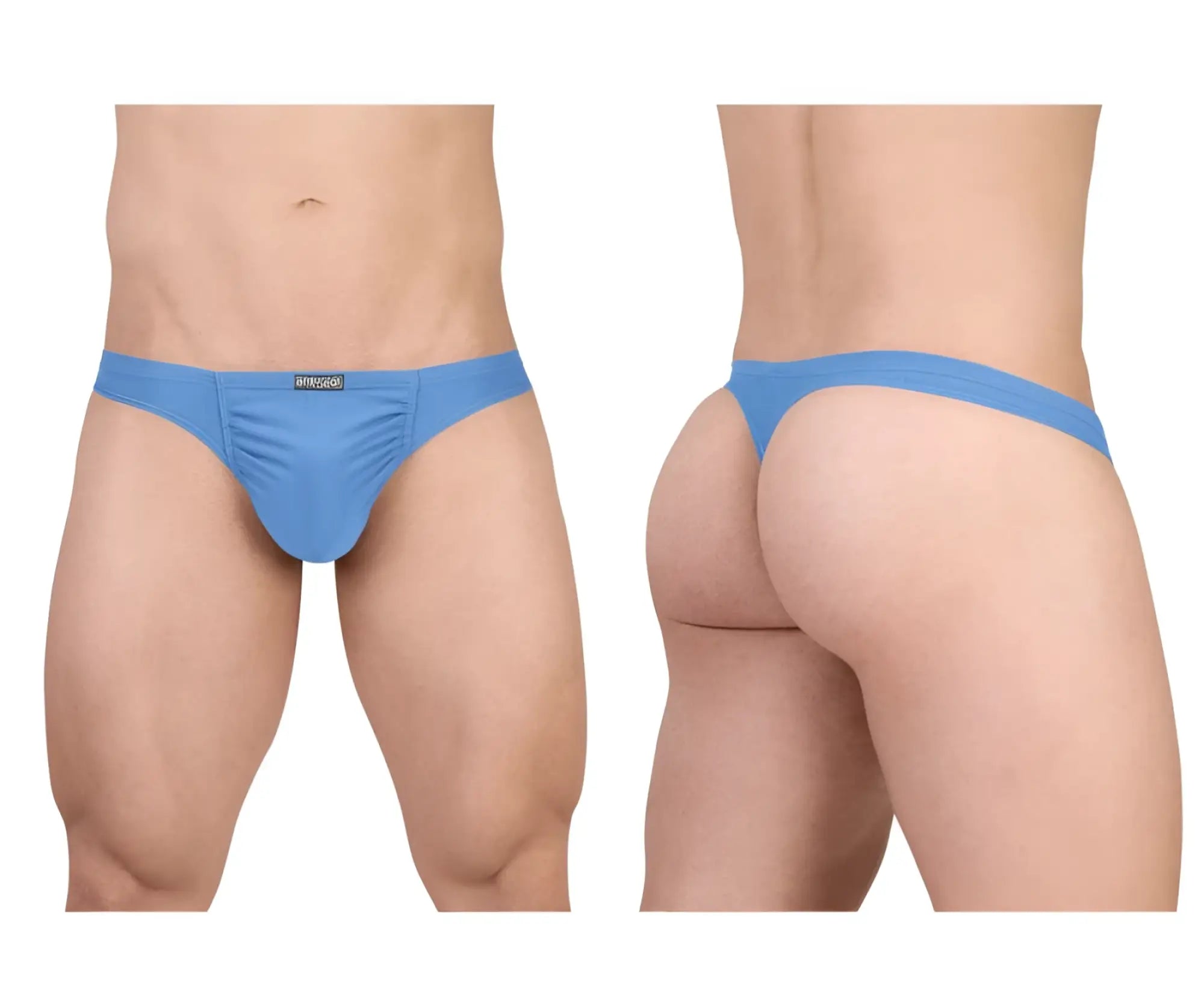 Blue mens thong with snug form fitting cotton design and small black verge brand tag on the waistband