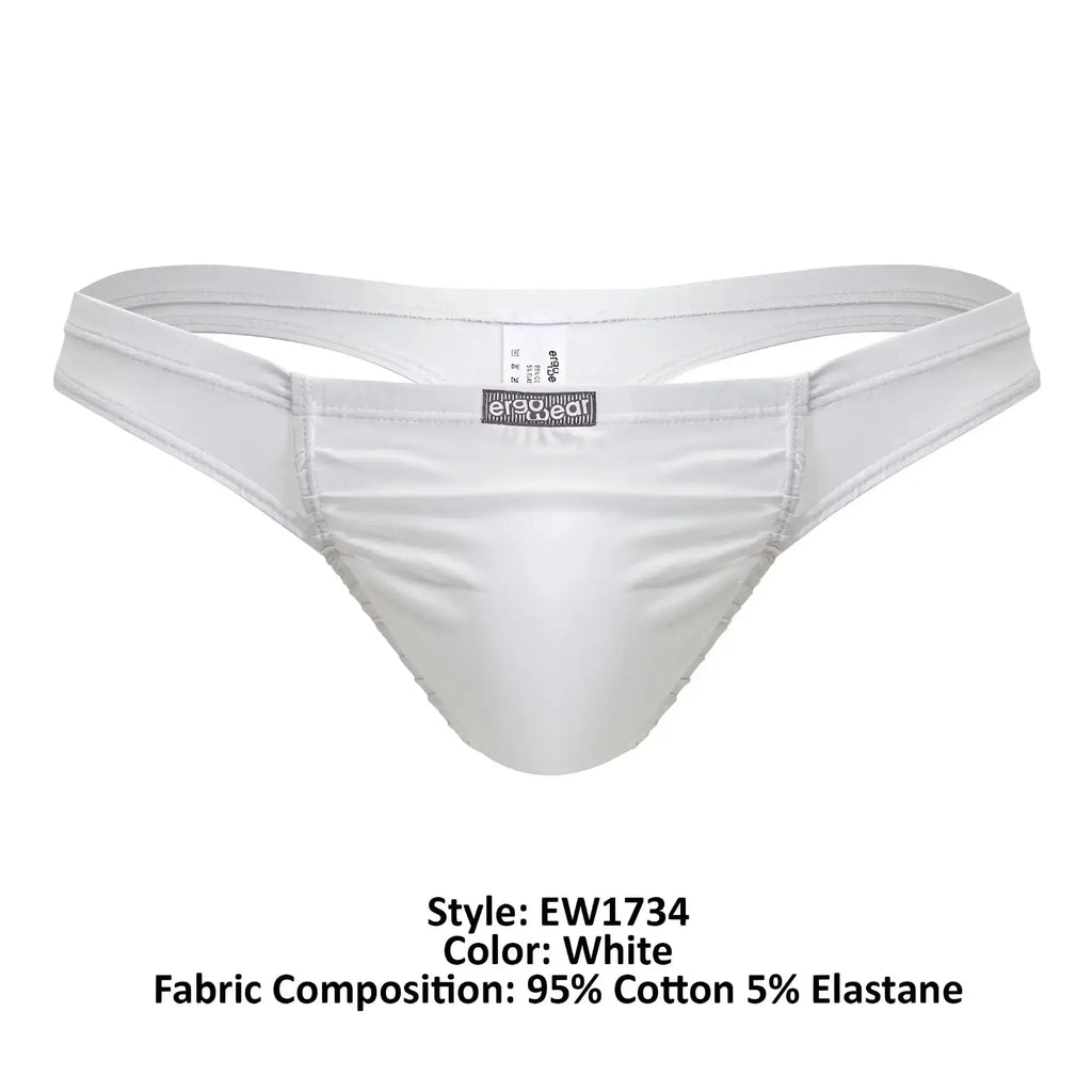 White mens ErgoWear EW1734 feel GR8 cotton thong with smooth satin finish and subtle seam detail along leg openings