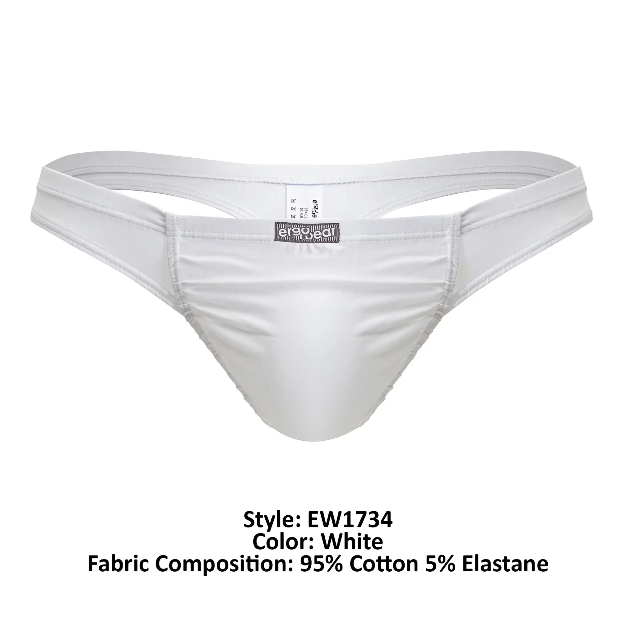 White mens ErgoWear EW1734 feel GR8 cotton thong with smooth satin finish and subtle seam detail along leg openings