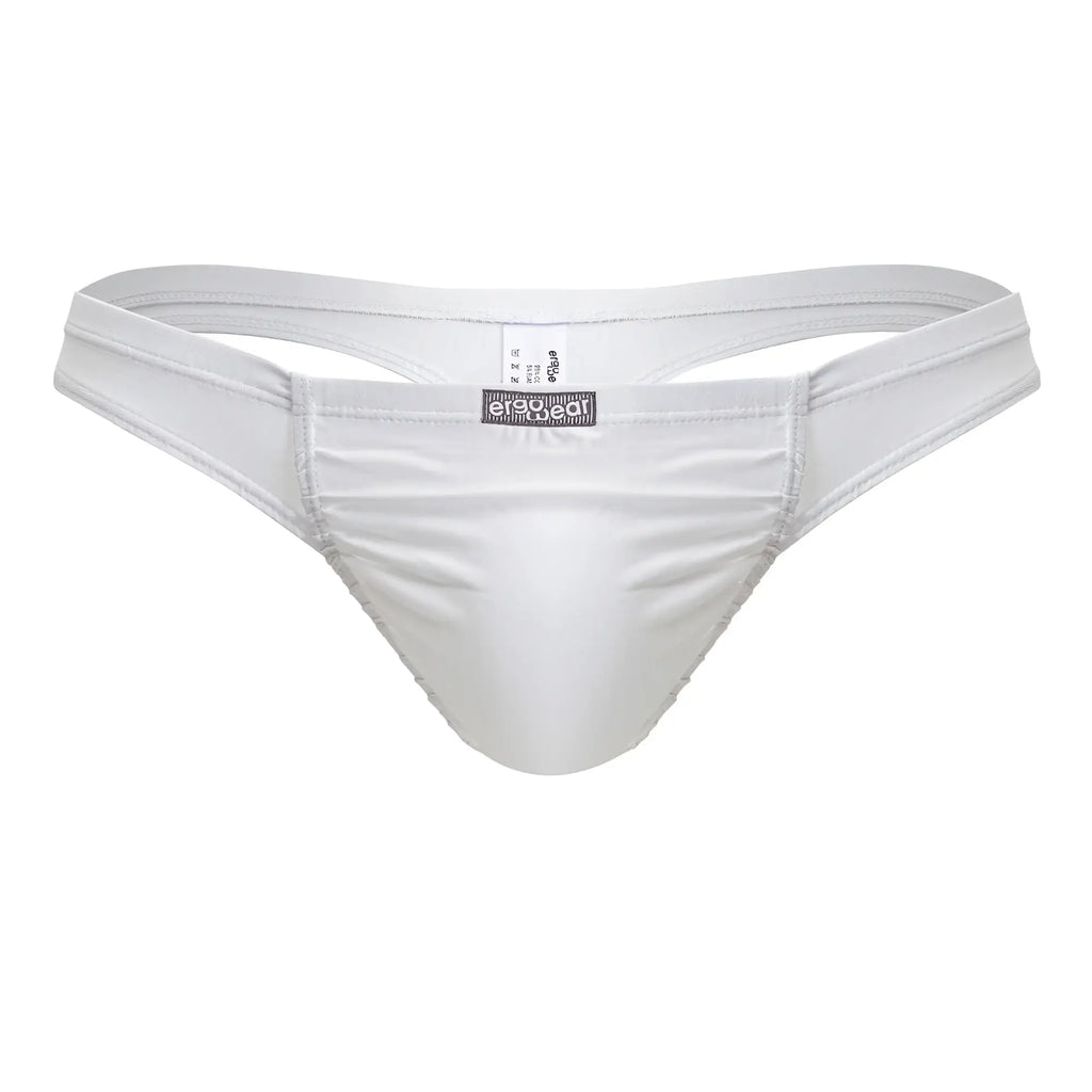 White men’s thong with smooth satin finish and branded label at center by ergowear ew1734 feel gr8 cotton thongs white