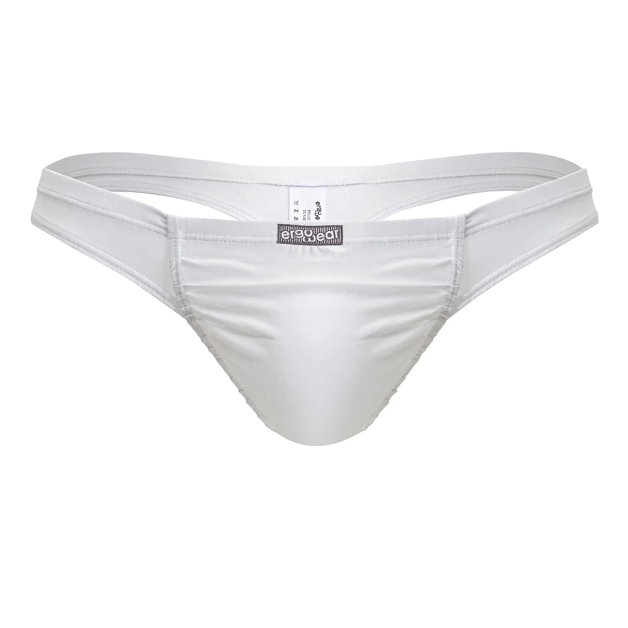 White men’s thong with smooth satin finish and branded label at center by ergowear ew1734 feel gr8 cotton thongs white