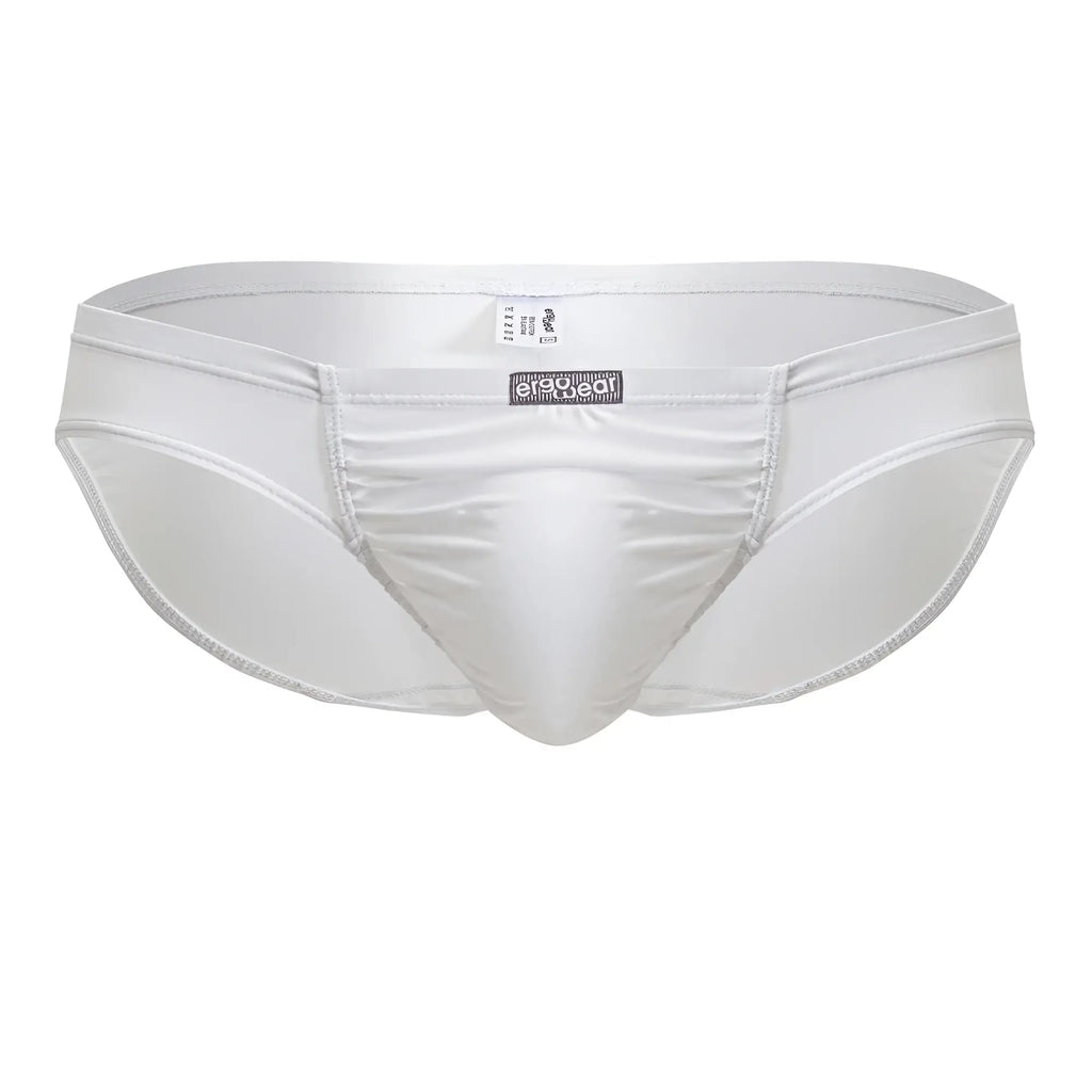 White sleek form-fitting men’s briefs with smooth satin-like finish by ergowear ew1735 feel gr8 cotton bikini